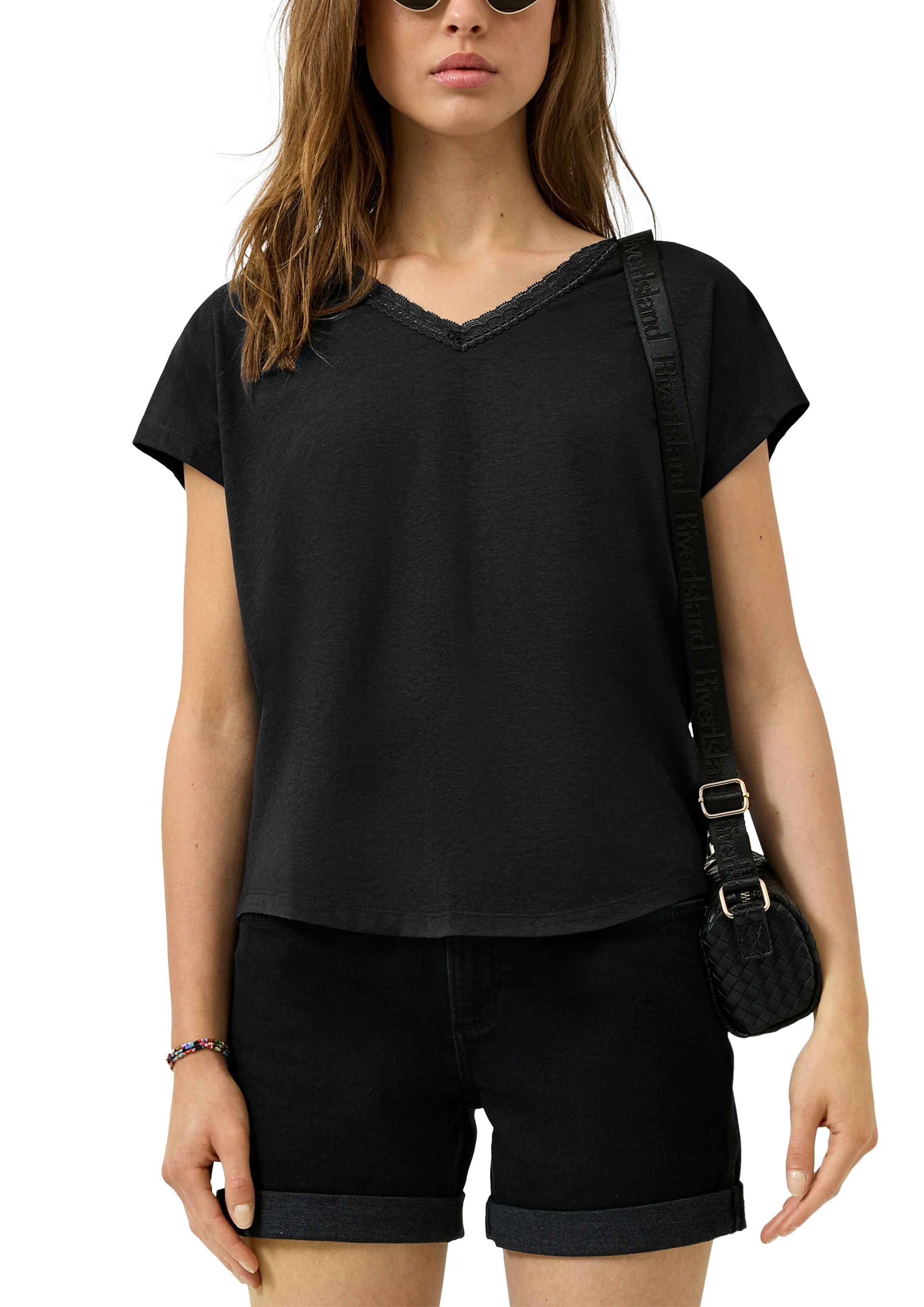QS Kurzarmshirt mit V-Ausschnitt und Spitze