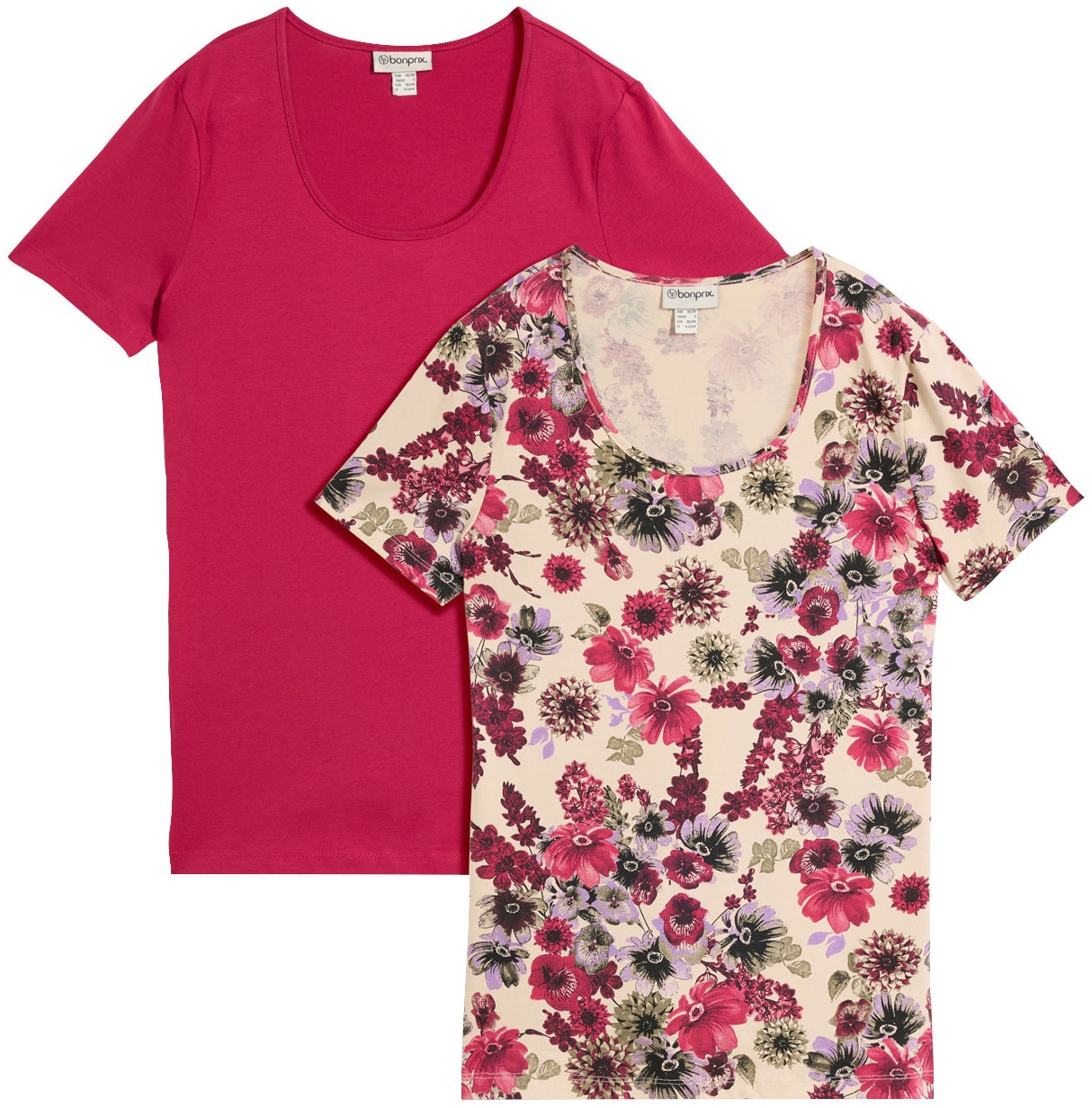 bonprix T-Shirt Packung, 2 schmale Passform, Kurzarm, 1x uni und 1x bedruckt