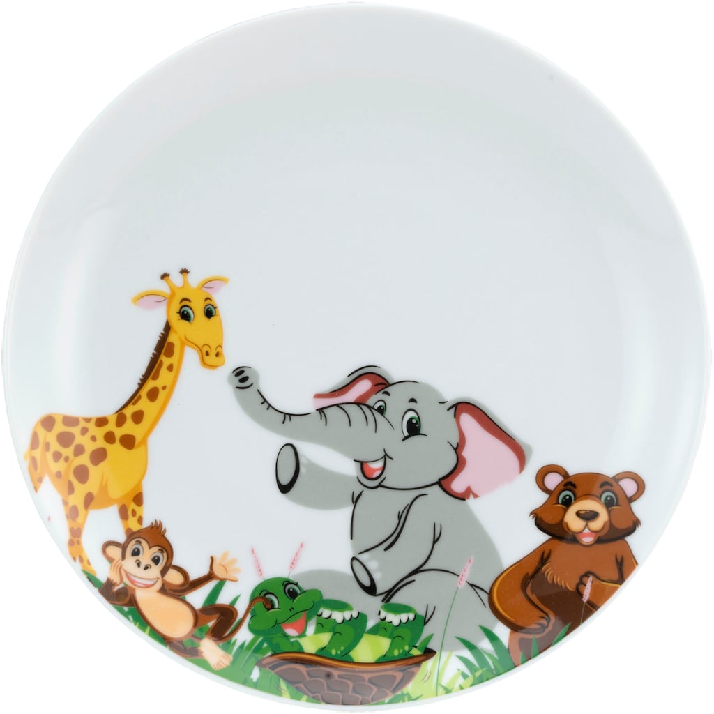 CreaTable Kindergeschirr-Set »Zoo«, (Set, 3 tlg., 1 Kinderteller, 1 Kinderbecher, 1 Kinderschale im Set), Dekor mit lustigen Zoobewohnern, Made in Europe, 3 Teile, für 1 Person