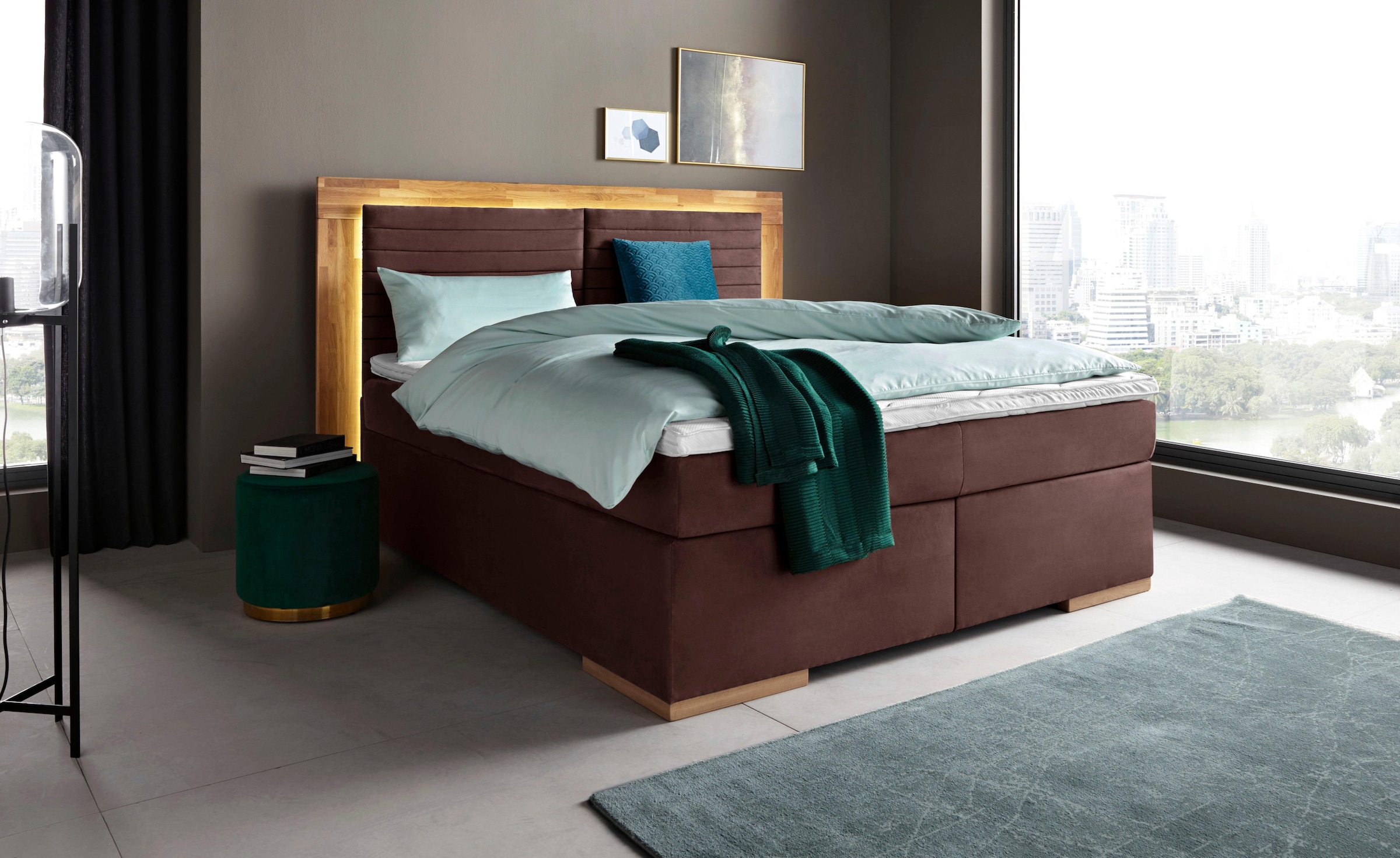 Boxspringbett HOME AFFAIRE "Cup", braun, B:190cm L:206cm, Bezug: Luxus-Microfaser (100% Polyester);Bezug: Microfaser (100% Polyester), Komplettbetten, Boxspringbett, mit LED-Beleuchtung, Massivholzrahmen und Topper, in 2 Härtegraden 8