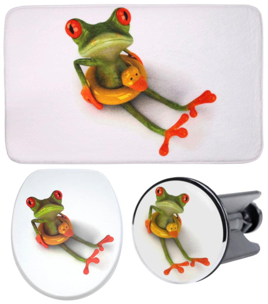 Sanilo Badaccessoire-Set "Froggy", (Komplett-Set, 3 tlg.), bestehend aus WC-Sitz, Badteppich und Waschbeckenstöpsel