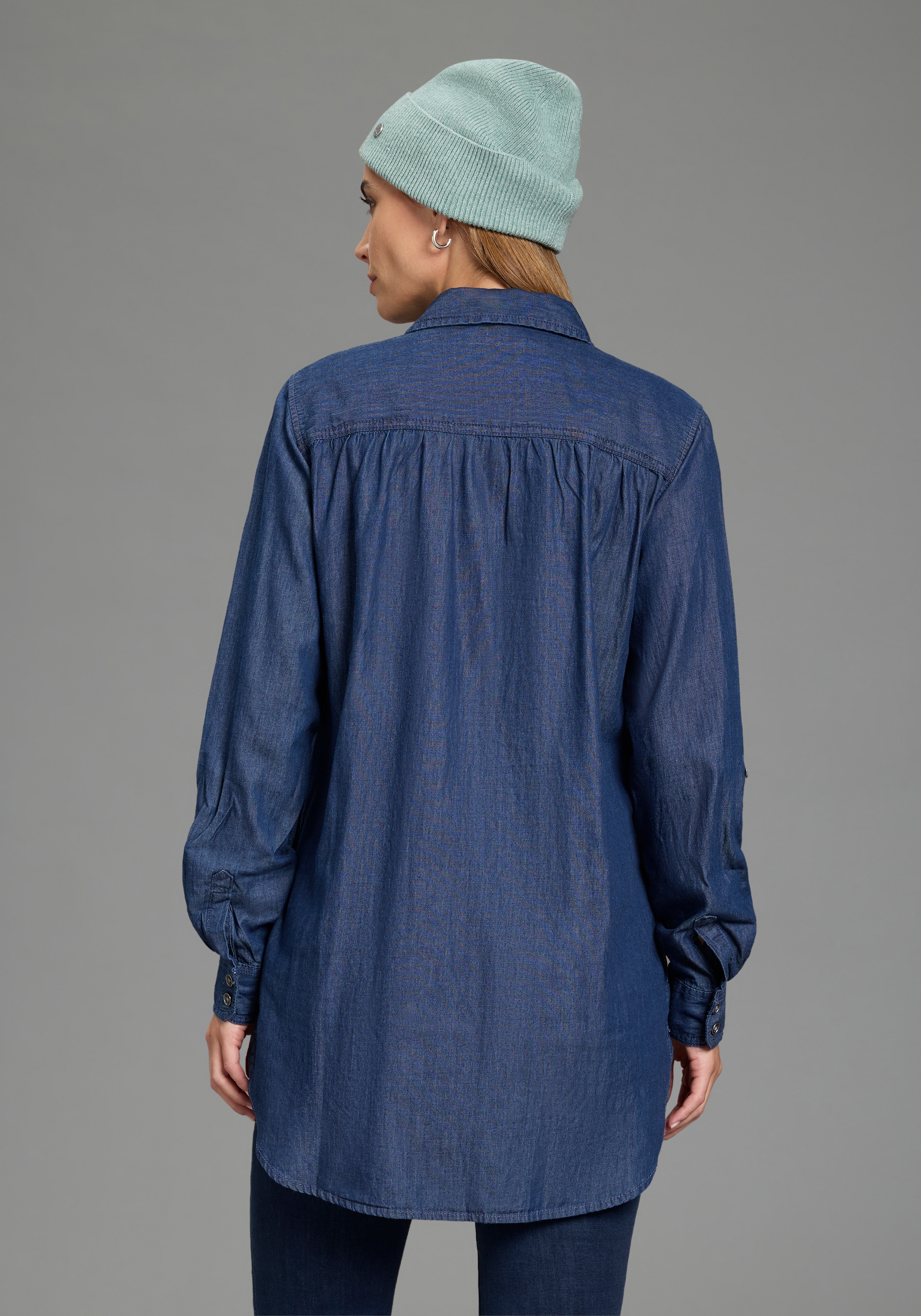 Arizona Jeansbluse »Krempelärmel mit Riegel« im Tunikastil
