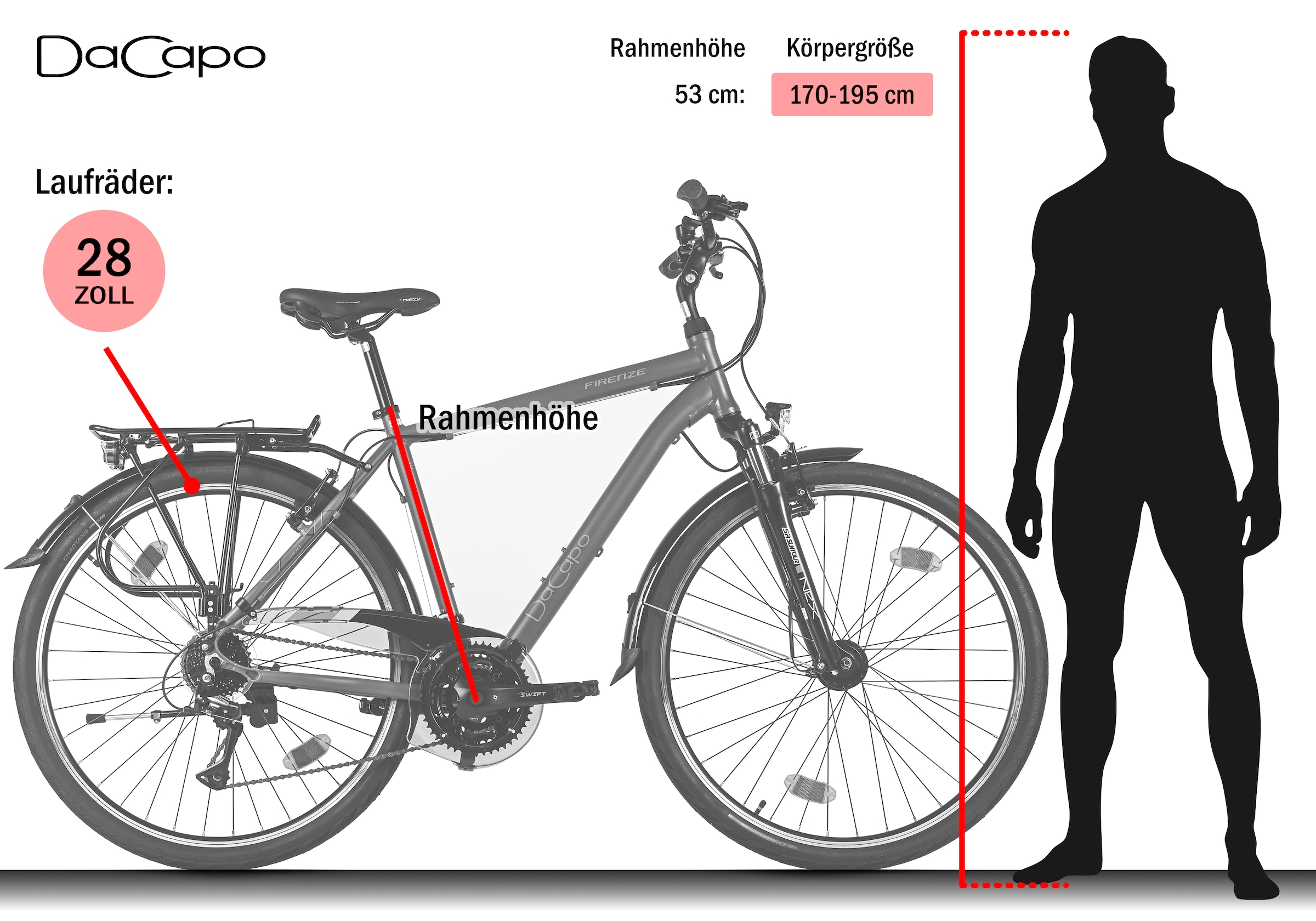 Dacapo Trekkingrad »Firenze 200 Anthrazit 24 Gänge RH 53 cm« 24 Gang Shimano Acera Schaltwerk Kettenschaltung