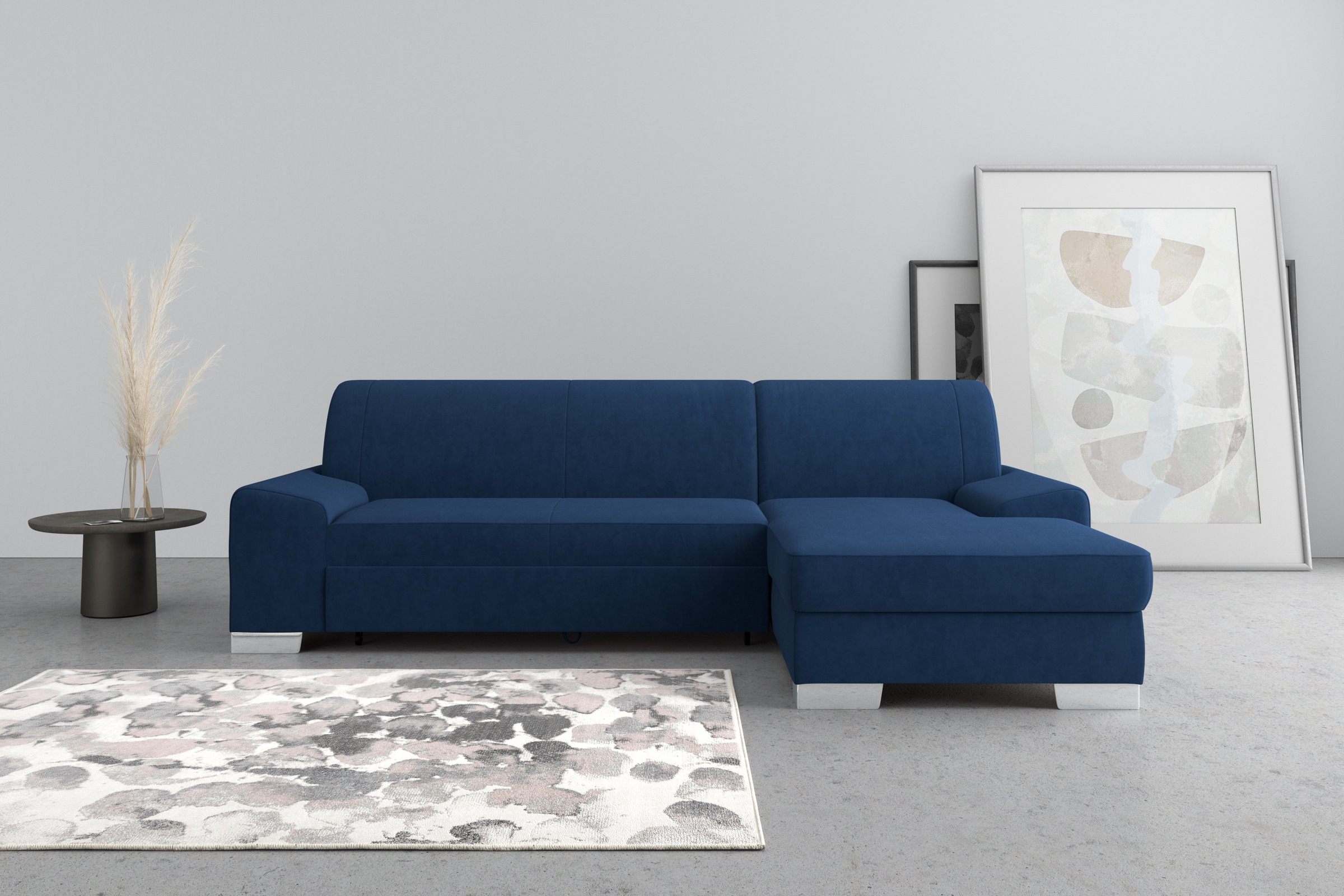 DOMO collection Ecksofa »Anzio L-Form, whlw. Bettfunktion, Federkern, hochwertig, Breite 271 cm«, Mit Bettfunktion, Recamiere rechts, Samtoptik, marine