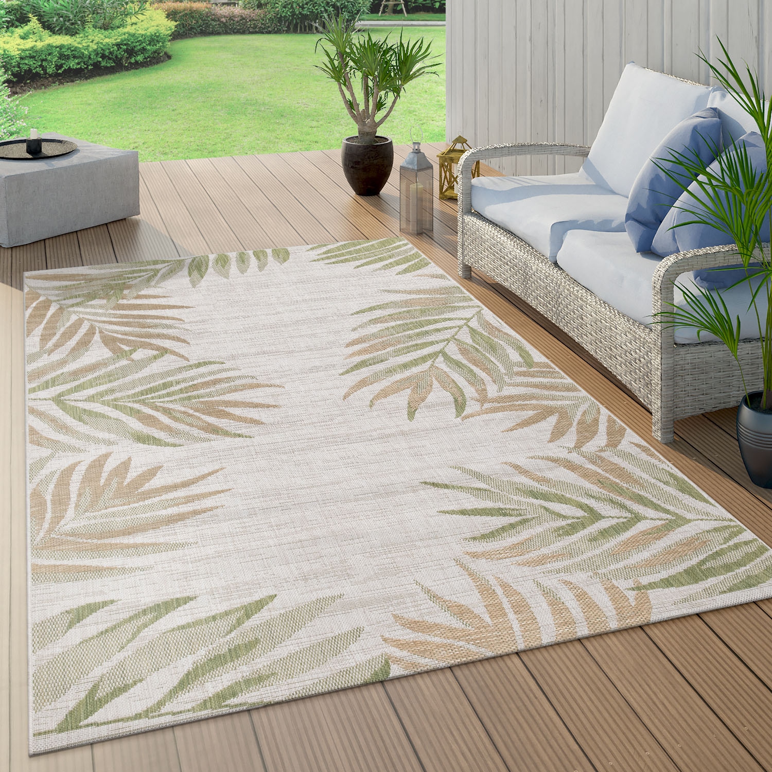 Paco Home Teppich »Kuba 127«, rechteckig, 4 mm Höhe, Flachgewebe, Motiv Blätter, In- und Outdoor geeignet, Wohnzimmer