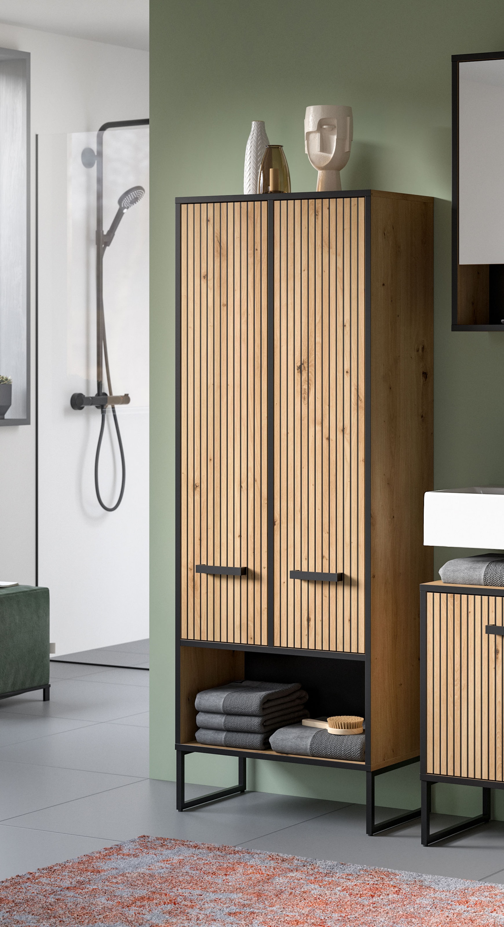 welltime Hochschrank »LOCRI, Höhe 159 cm, 2 Türen, 6 Einlegeböden, 1 offenes Fach« industrial Look mit Rillenoptik & Metall Kufen, 1 Stk. tlg. variable Einlegeböden, modernes Design, Badschrank, Bad