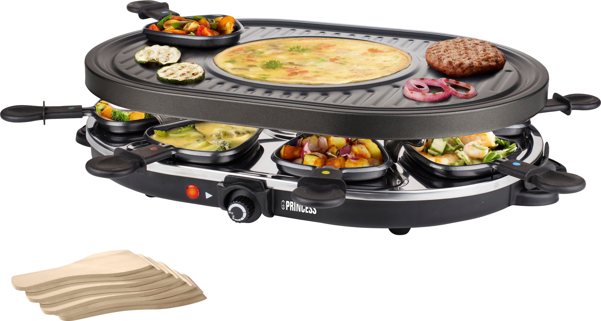 PRINCESS Raclette »162700 - Oval - 8 Pfannen«, 8 St. Raclettepfännchen, 1200 W, Multifunktionale Platte, inklusive 8 Pfännchen und 8 Holzschabern