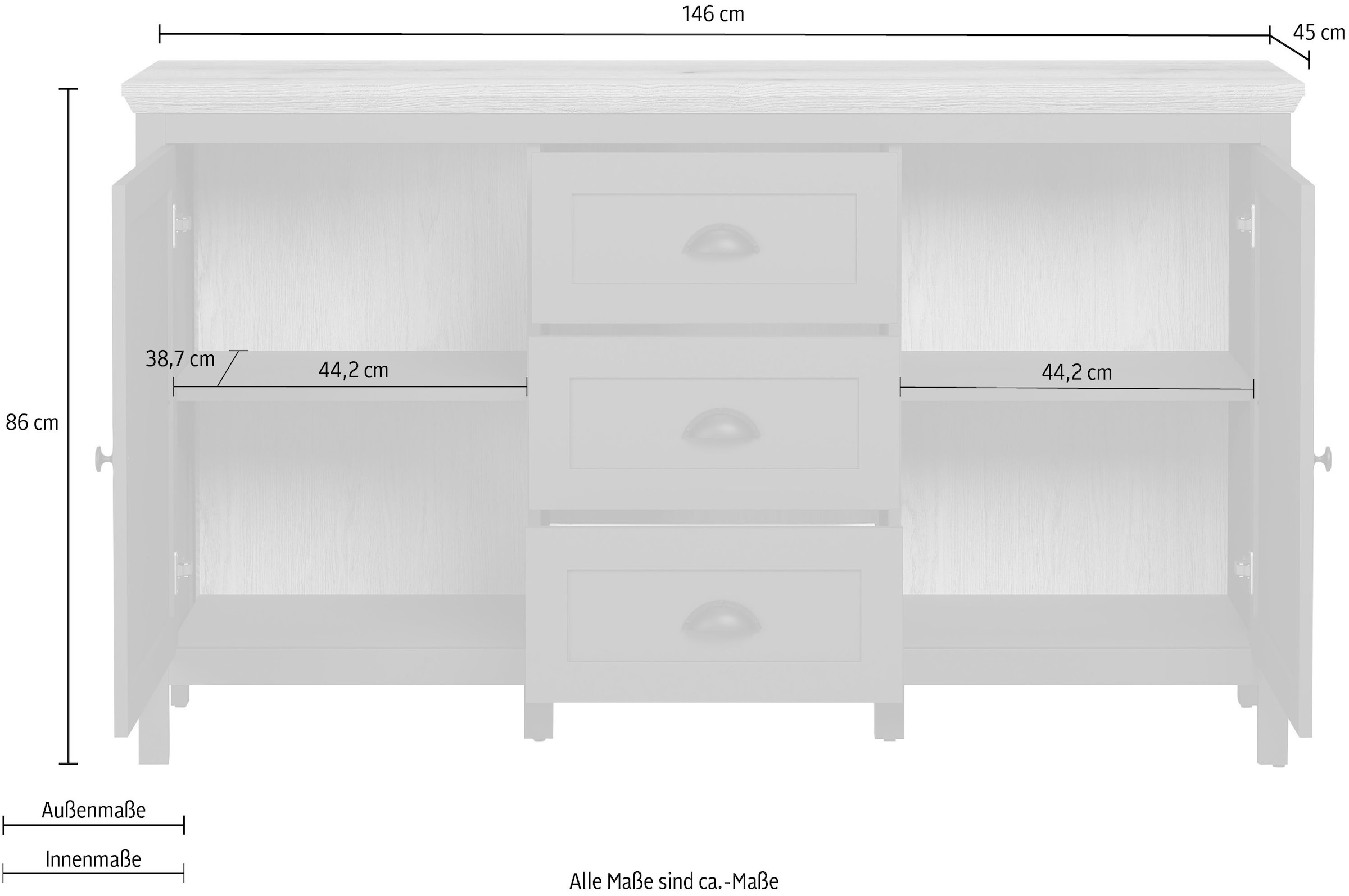 Home affaire Sideboard »Vienna« 1 Stk. tlg. Kommode im Landhausstil mit 3 Vollauszug-Schubladen und 4 Fächer