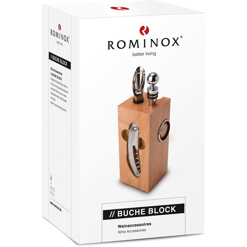 ROMINOX Weinflaschenöffner, (Set), Buche-Block mit 6 praktischen Weinaccessoires
