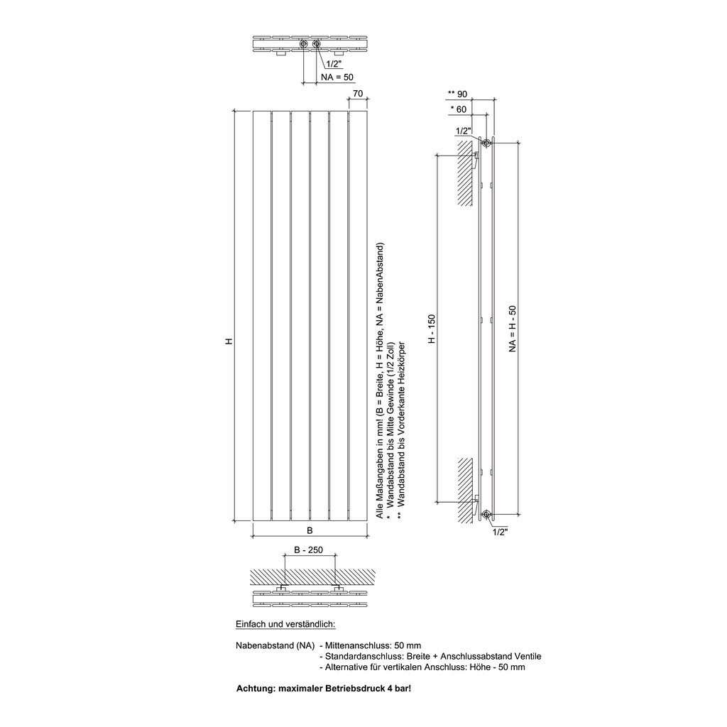 Ximax Paneelheizkörper »P1 Duplex 1800 mm x 595 mm«, 1576 Watt, Mittenanschluss, anthrazit