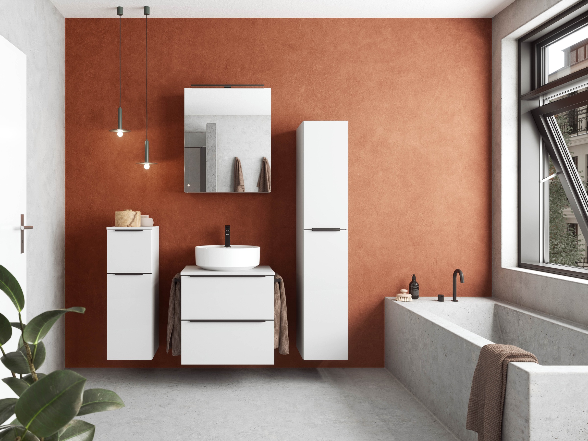 nobilia® Badmöbel-Set »Alvene«, (4 St., vormontiert, mit Soft-Close), inkl. Spiegelschrank mit Beleuchtung und Dimmerfunktion, in 4 Breiten