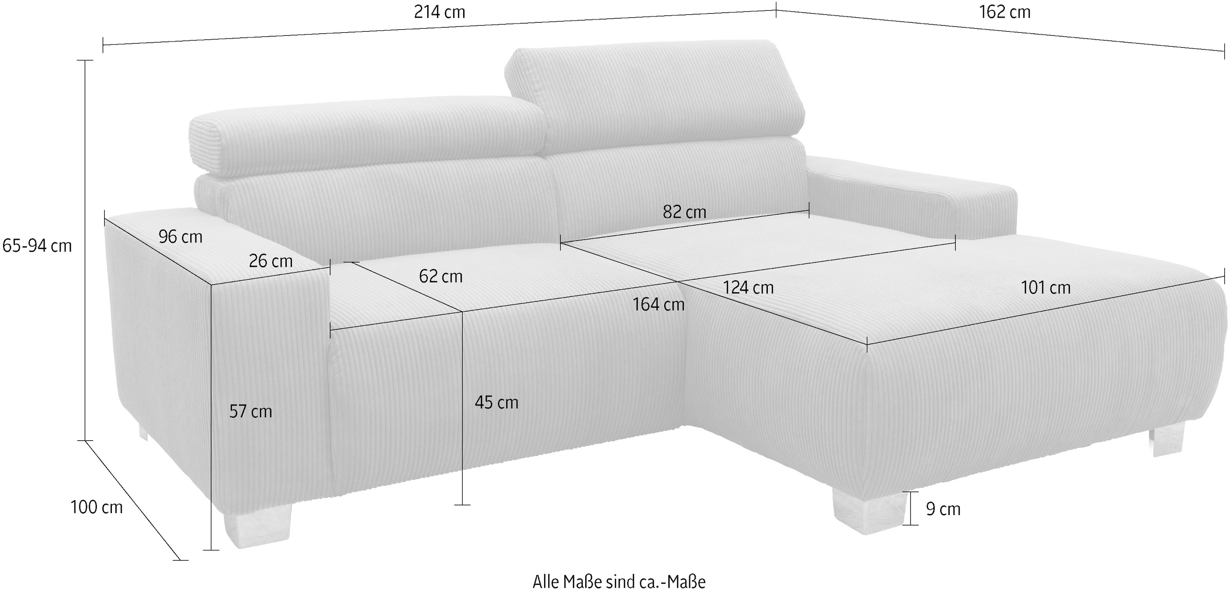 DOMO collection Ecksofa »100030 inkl. Kopfteilverstellung, guter Sitzkomfort, Cordbezug, L-Form«, mit komfortabler Wellenunterfederung, ideal für kleine Räume