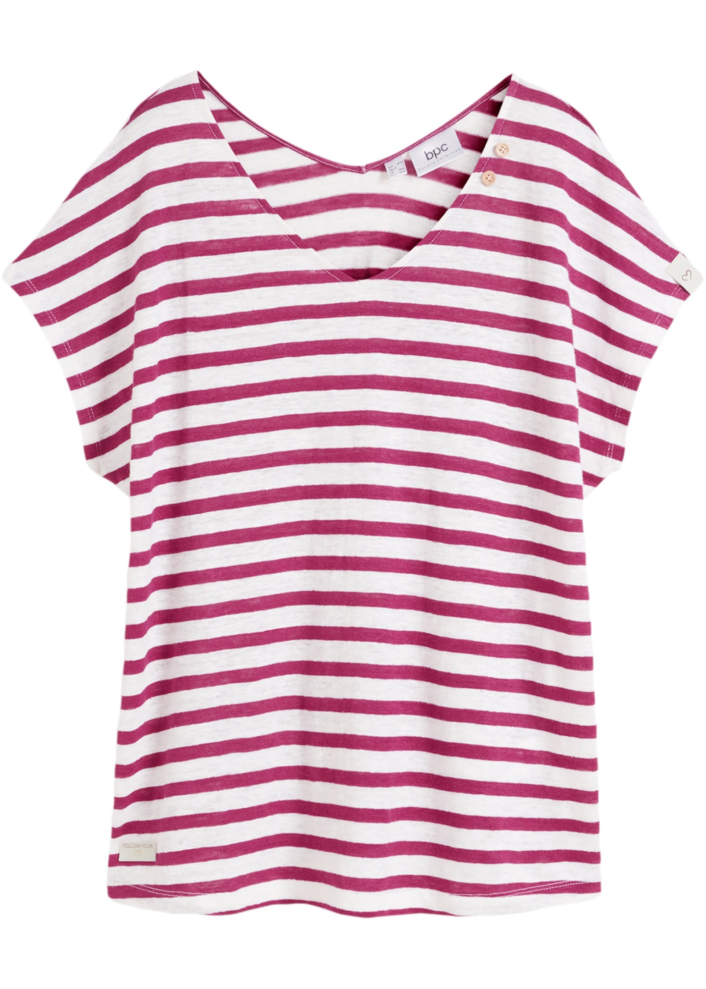 bonprix T-Shirt mit Streifen Muster, V-Ausschnitt und Zierknöpfen