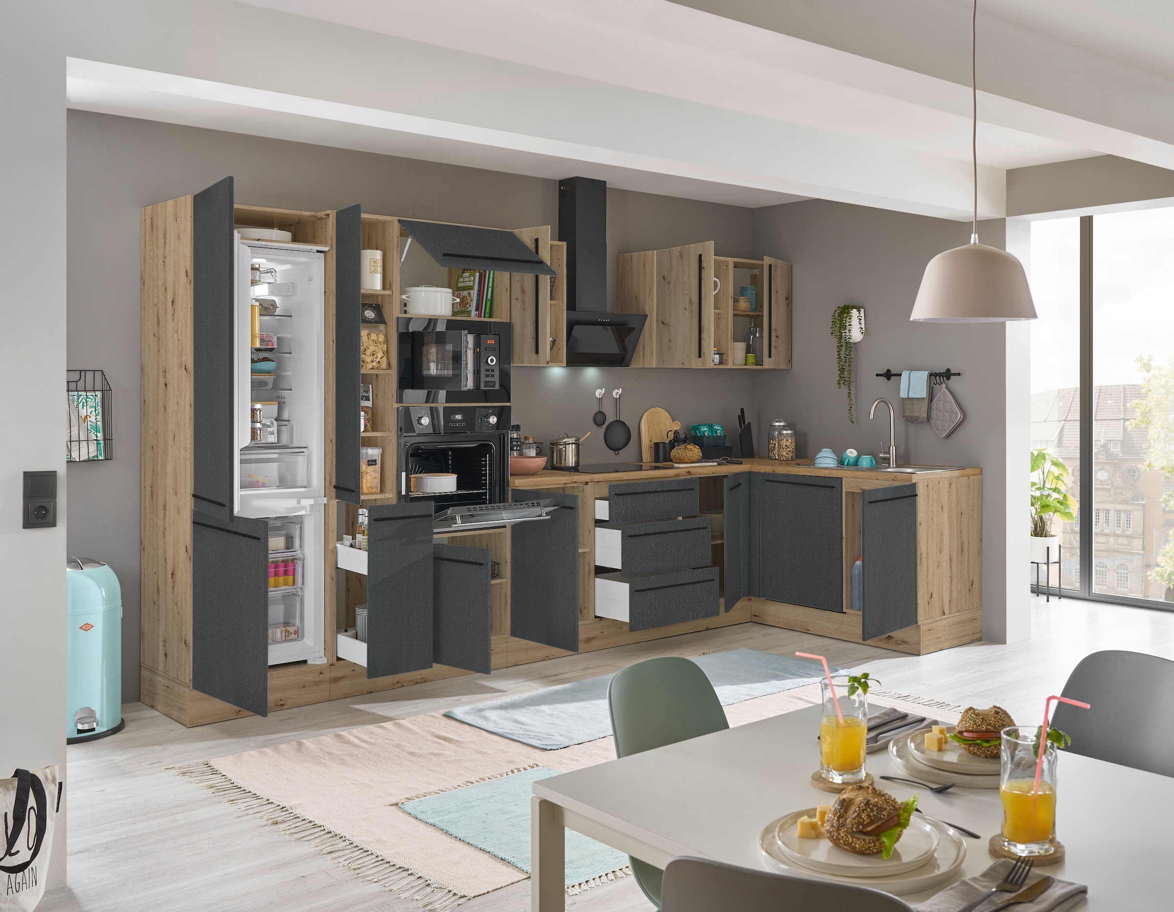 KOCHSTATION Winkelküche »Florida, Stellbreite 370x175 cm« wahlweise mit E-Geräten, mit Softclose für Türen und Schubkästen