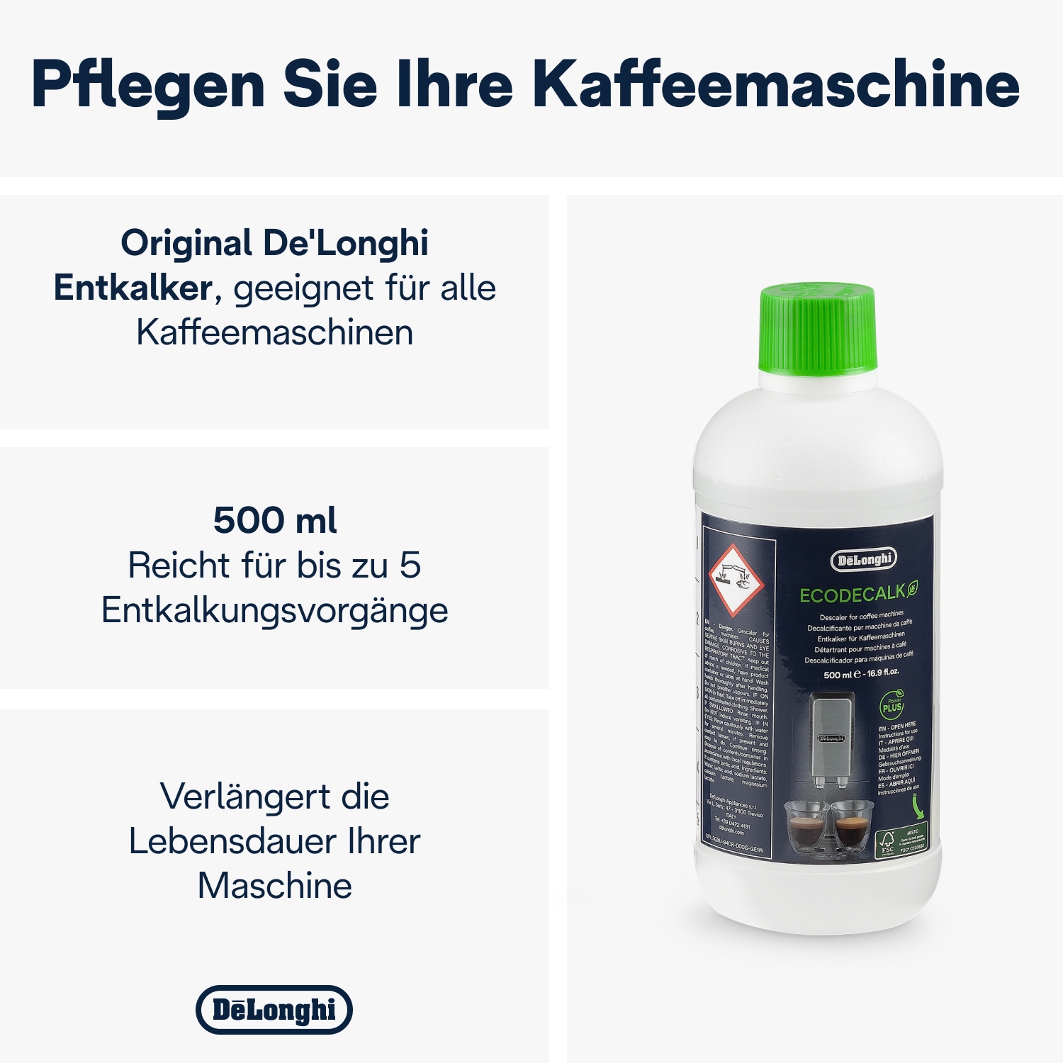 De'Longhi Entkalker »DLSC500 EcoDecalk« Kalklöser für Kaffeevollautomat und Espressomaschine