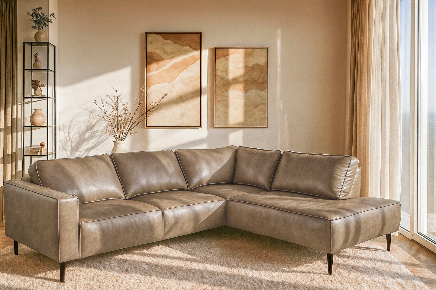 OTTO home Ecksofa "Fumone, Lederoptik oder Soft-Touch Chenille" Breite 260, mit schwarzen Massivholzfüßen