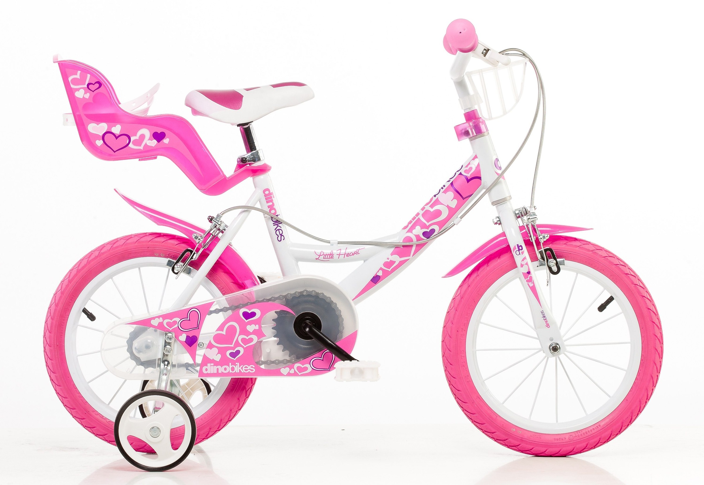 Dino Bikes Kinderfahrrad "14" Little Heart Kinderfahrrad Mädchen Stützräder 3–5 Jahre Stützräder" 1 Gang mit Stützrädern, Korb und Puppensitz