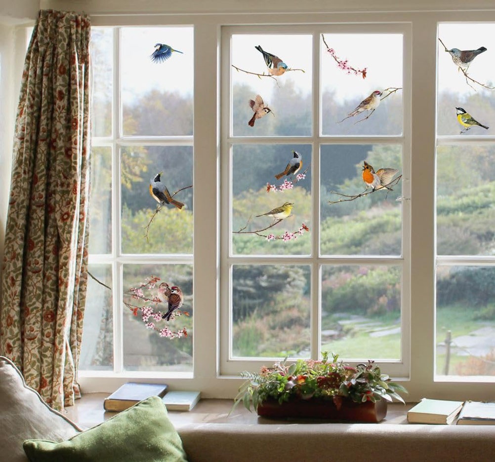 Komar Fensterbild "Vögel, birds, 12 schöne, verspielte Motive, Design Frühling" Sticker für Fenster oder Spiegel, selbsthaftend und wiederverwendbar