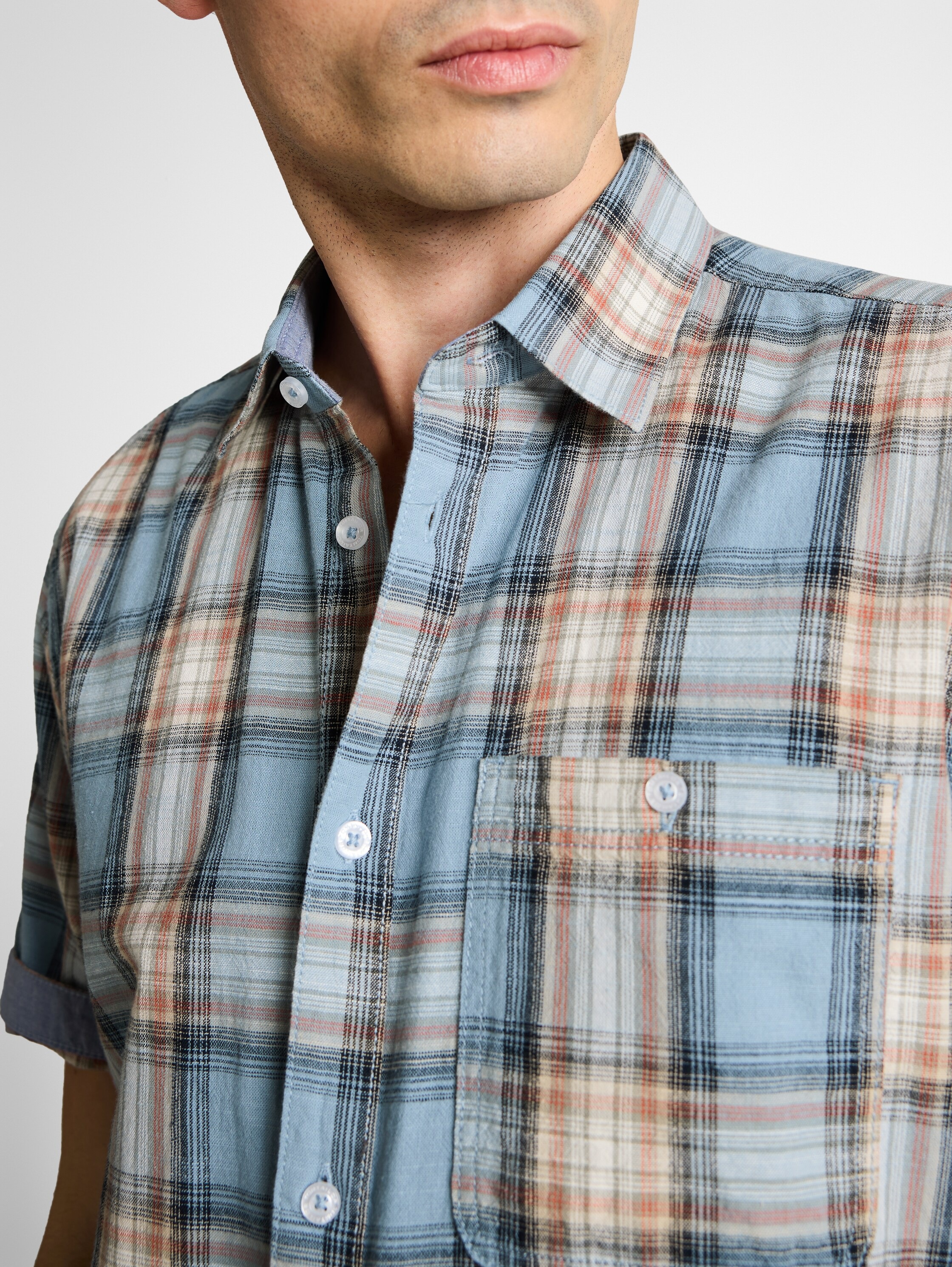 Kurzarmhemd TOM TAILOR, Herren, Gr. M, N-Gr, blau multicolor check, Web, Obermaterial: 100% Baumwolle, kariert, regular fit normal, ohne Ausschnitt, gerader Abschluss, Hemden, mit Karo Muster 5