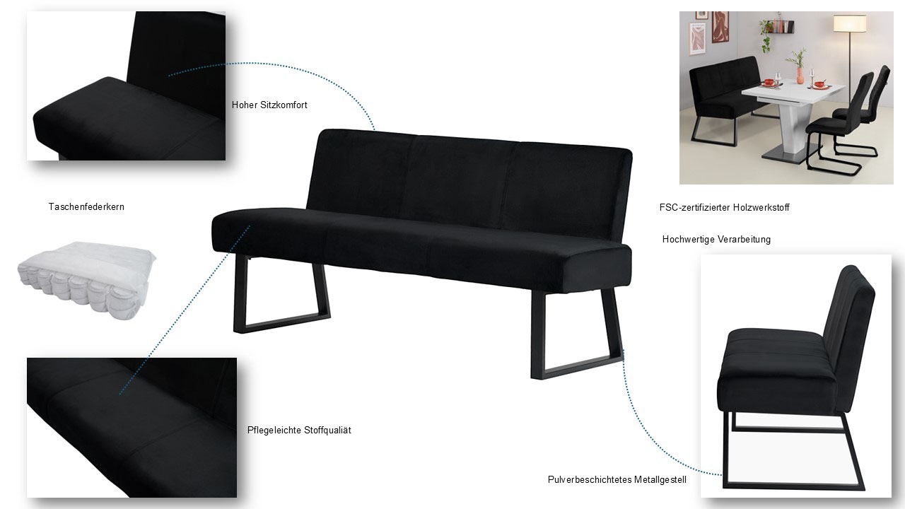 Home affaire Polsterbank »Gladio«, (Esszimmerbank, Sitzbank, Bank), mit Taschenfederkern, schwarzes Metallgestell, Breite 148 cm