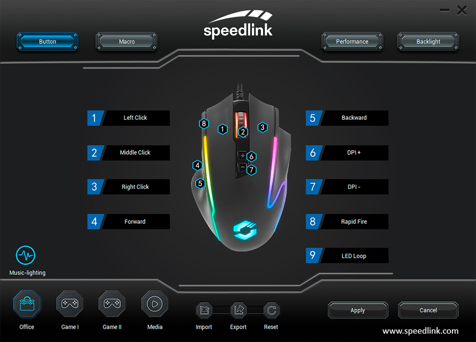 Speedlink Gaming-Maus »DECUS NX RGB Gamer Maus mit Kabel und 6 Tasten«, kabelgebunden, 12800dpi, Programmierbar, Dauerfeuer Taste, 1000Hz Pollingrate