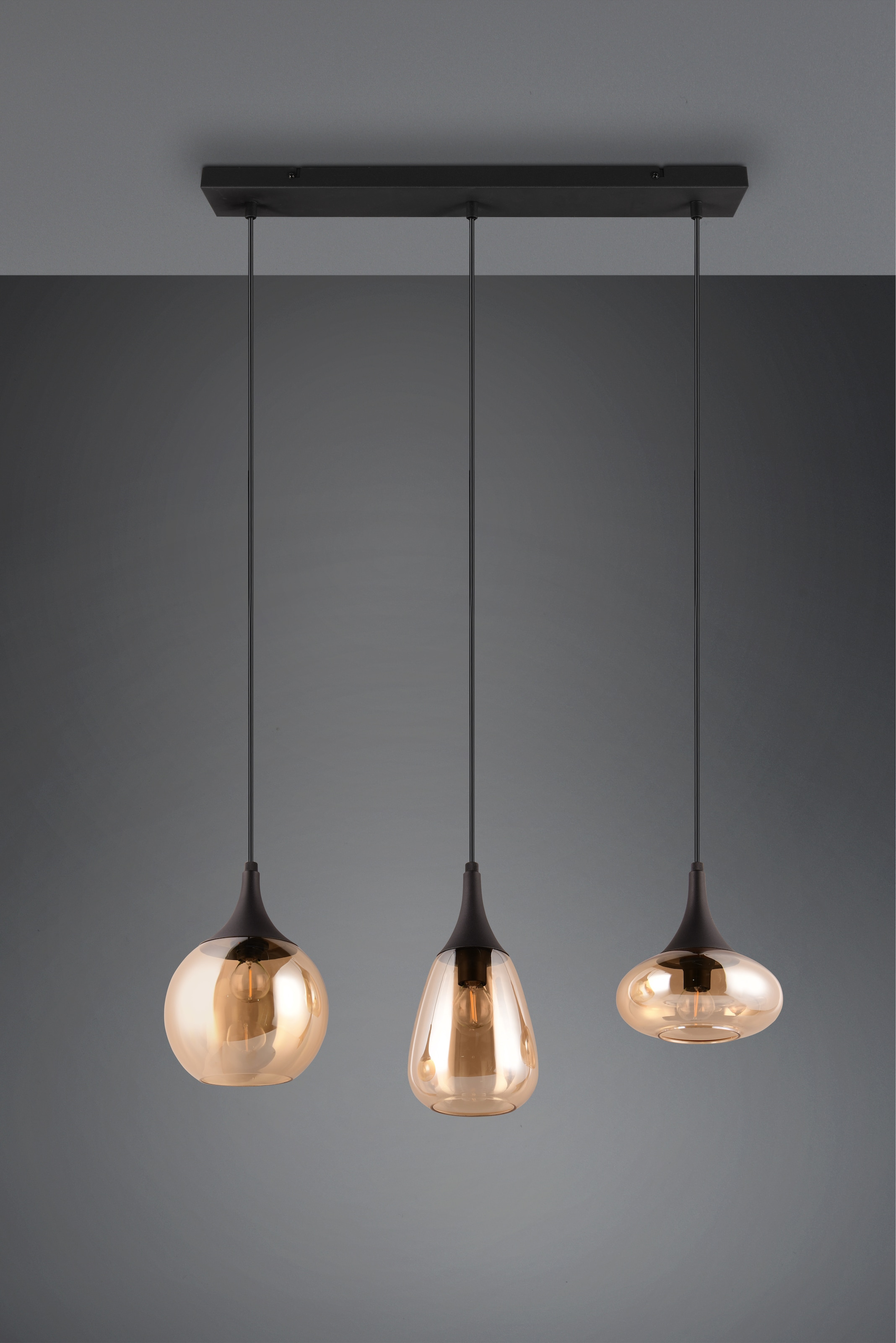 TRIO Leuchten Pendelleuchte »LUMINA, E14 Hängelampe 3-flammig Glasschirme in 3 Formen amberfarbig«, 3 flammig, Leuchtmittel E14 | Leuchtmittel wechselbar, exkl 3x E14 max 40W, Hängeleuchte höhenverstellbar bis max 150 cm