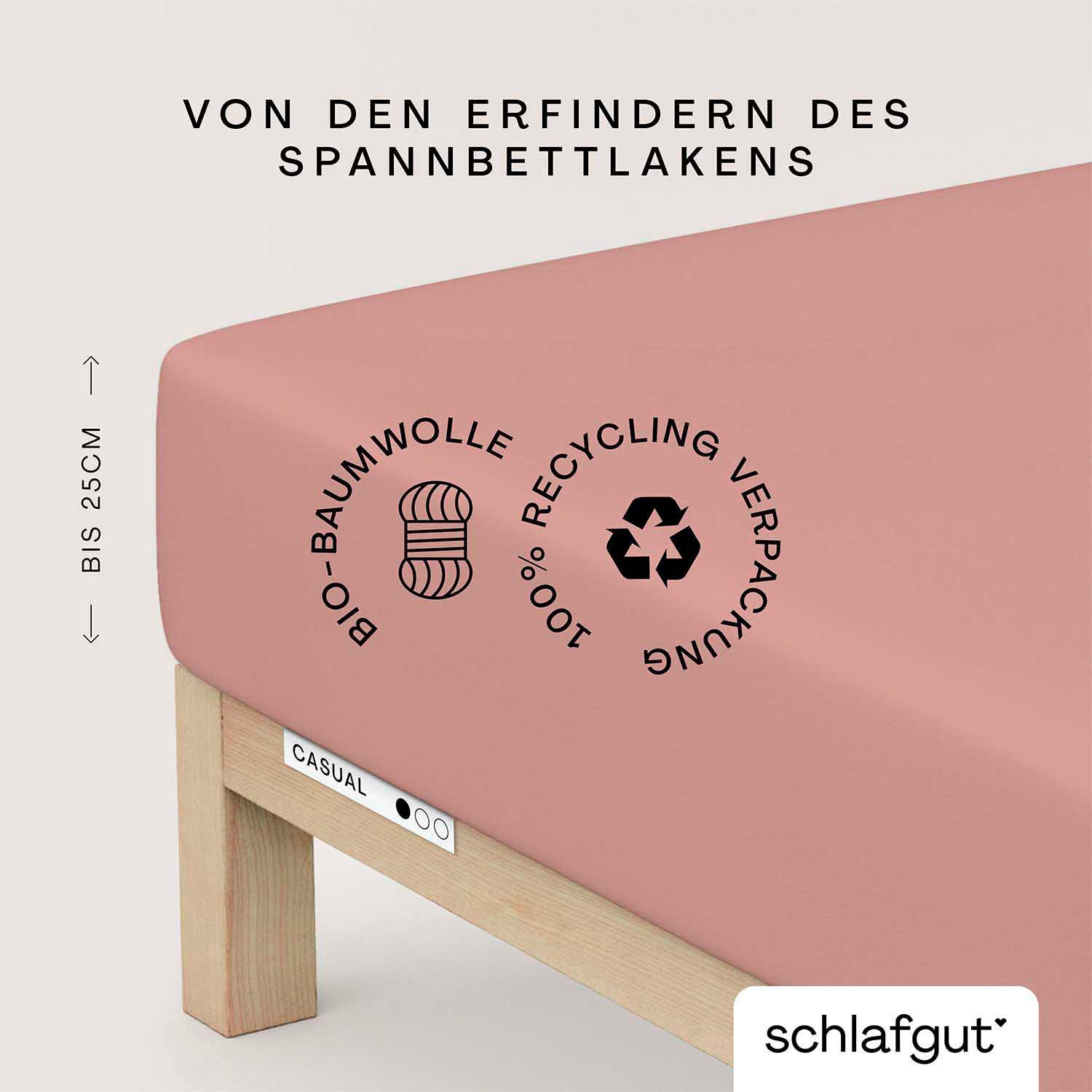 Schlafgut Spannbettlaken "CASUAL Bettlaken 100% gekämmte Bio-Baumwolle, 150 g/m², Spannbetttuch" Bettlaken bis 25 cm Höhe, langlebig, weich, Antipilling-Ausrüstung
