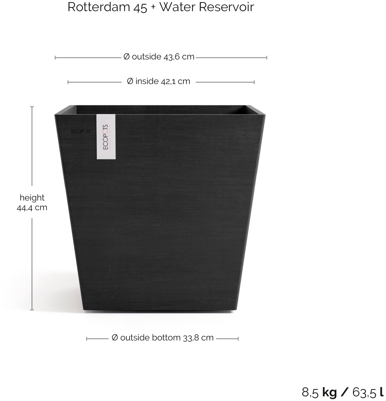 ECOPOTS Blumentopf »Rotterdam 45 + Wassersystem Dunkelgrau«, für innen und außen: frostsicher, bruchsicher und lichtbeständig