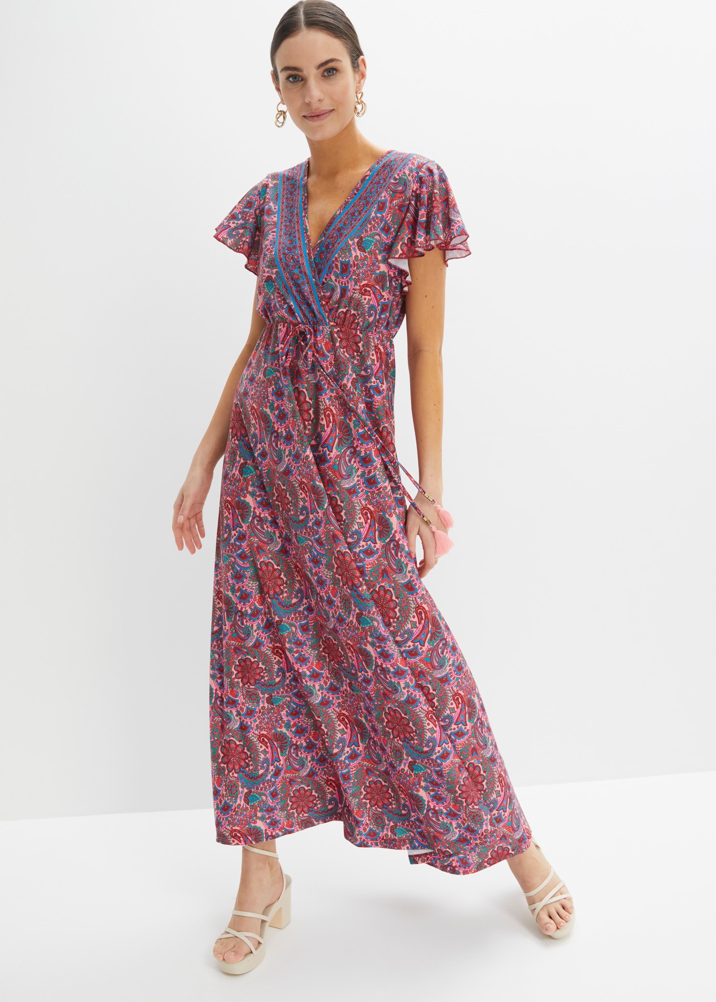 bonprix Maxikleid lockerer Schnitt, mit Flügelärmeln, elastisches Material, Maxilänge