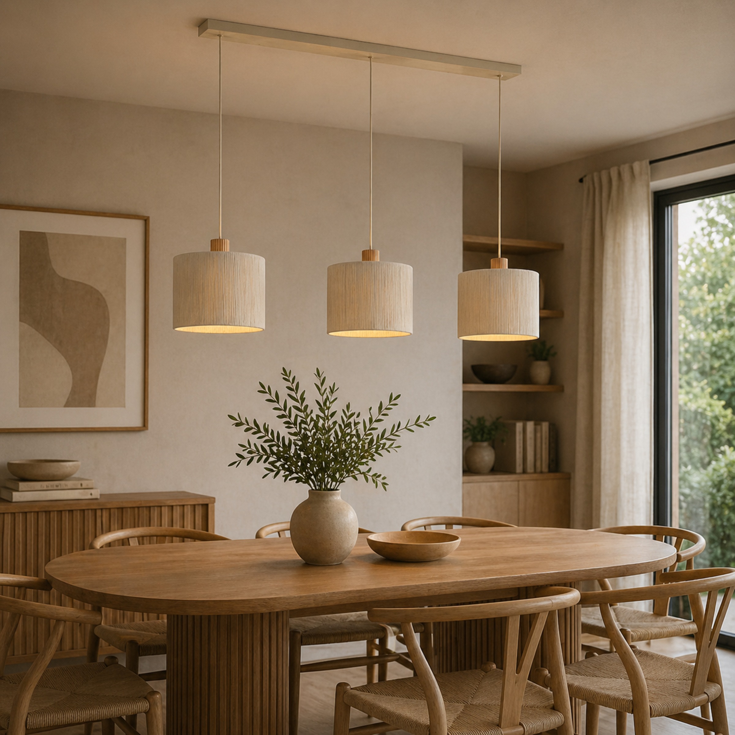 Brilliant Pendelleuchte »Arlo« E27 1 Stk. 3x E27 Fassung, 120 x 28 x 150 cm, kürzbar, Metall/Holz/Textil, beige