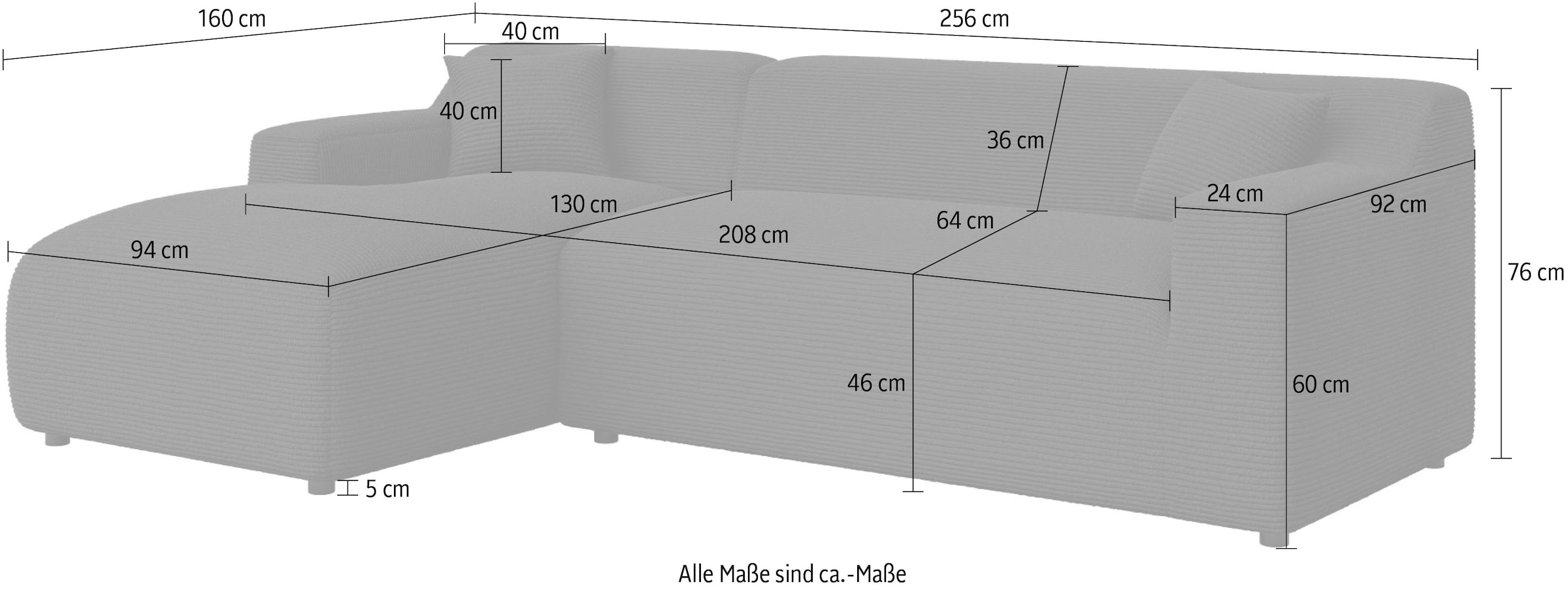 Home affaire Ecksofa »LILLIANA Designsofa, L-Form mit Recamiere rechts/links bestellbar«, L-Form mit Wellenunterfederung, Maße B/T/H: 256/160/76 cm