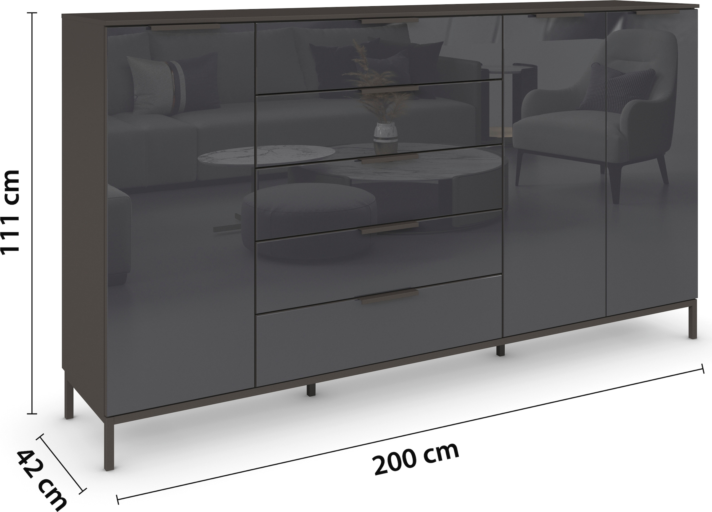 rauch Kombikommode »Kommode Türkommode Sideboard Kombikommode FLIPP mit Glasfront«, (Breite 200 cm mit 4 Einlegeböden), 3-türig mit 5 Schubladen und Soft-Close-Funktion sowie Glasfront