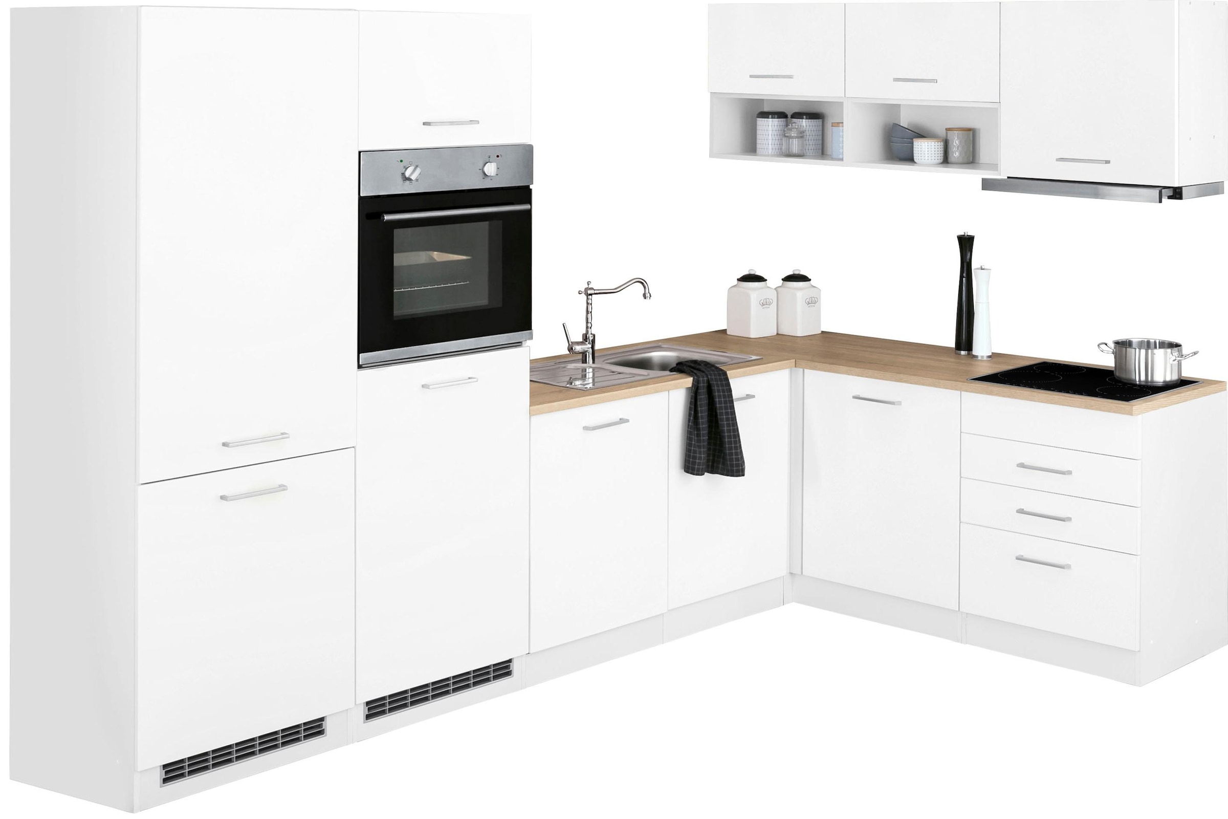 Winkelküche »Visby«, mit E-Geräte, 300x180 cm, inkl. Kühl/Gefrierkombi und Geschirrspüler