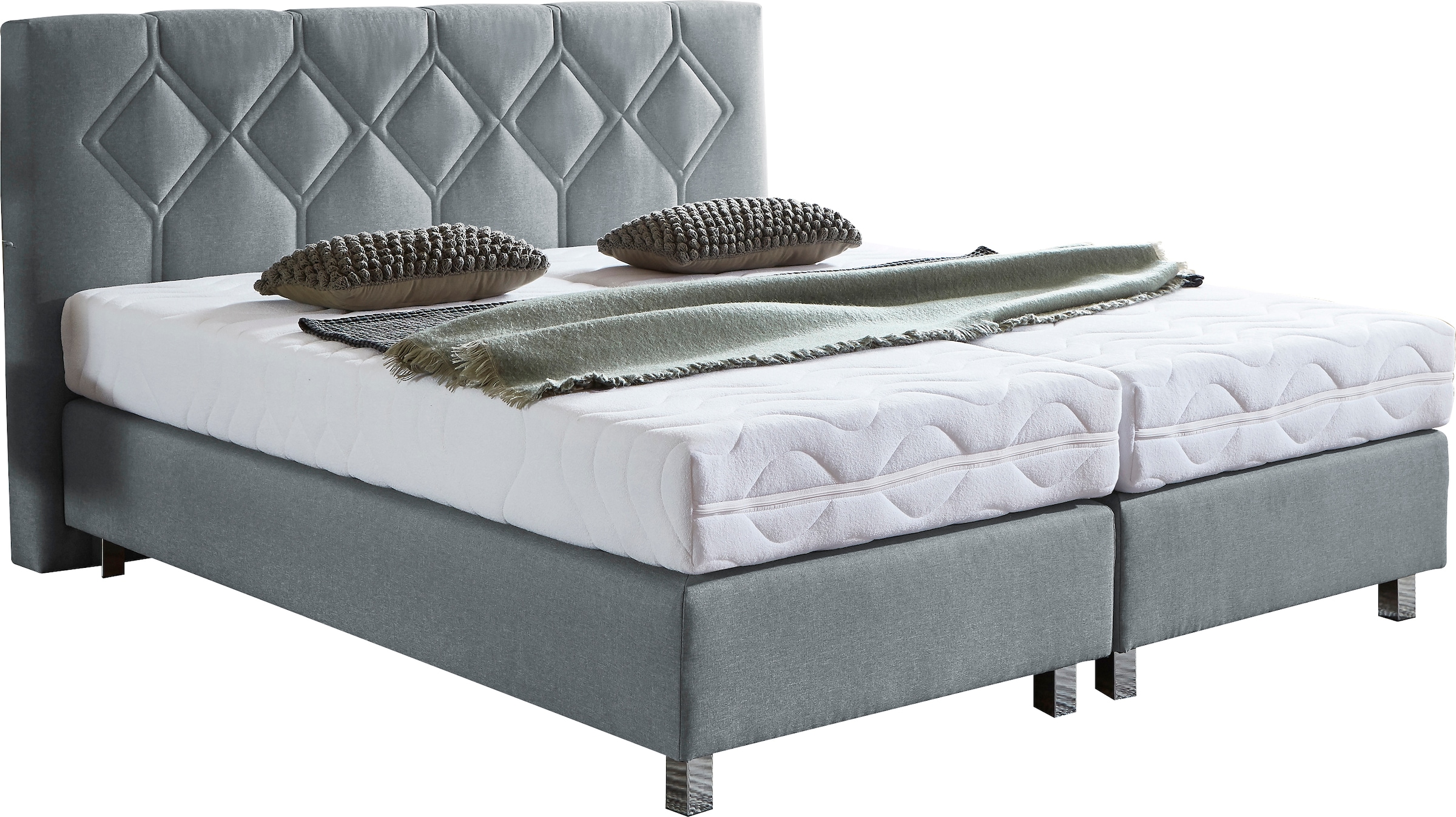 Boxspringbett "Phönix", grau, B:195cm L:210cm, Bezug Bett: Microvelours (100% Polyester) oder Feinstruktur (100% Polyester);Bezug Bonnell-Federkernmatratze: 100% Polyester;Bezug Kaltschaummatratze: 100% Polyester;Bezug Tonnentaschenfederkernmatratze: 80%  6