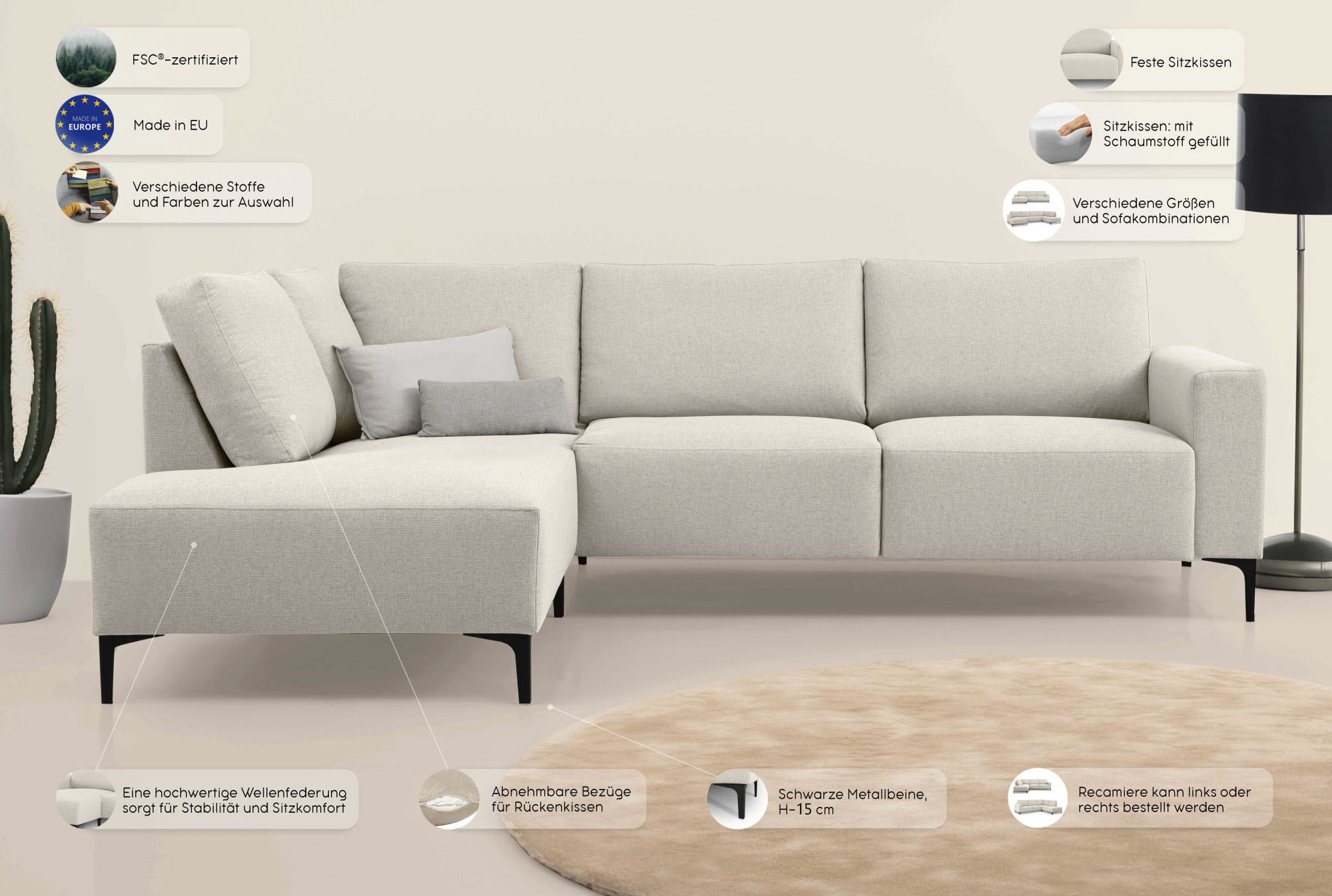 Thumbnail - Home affaire Ecksofa "Tournon L-Form, Breite 232 cm, Breitcord" Designsofa im nordischen Stil, Wellenunterfederung, Meta...