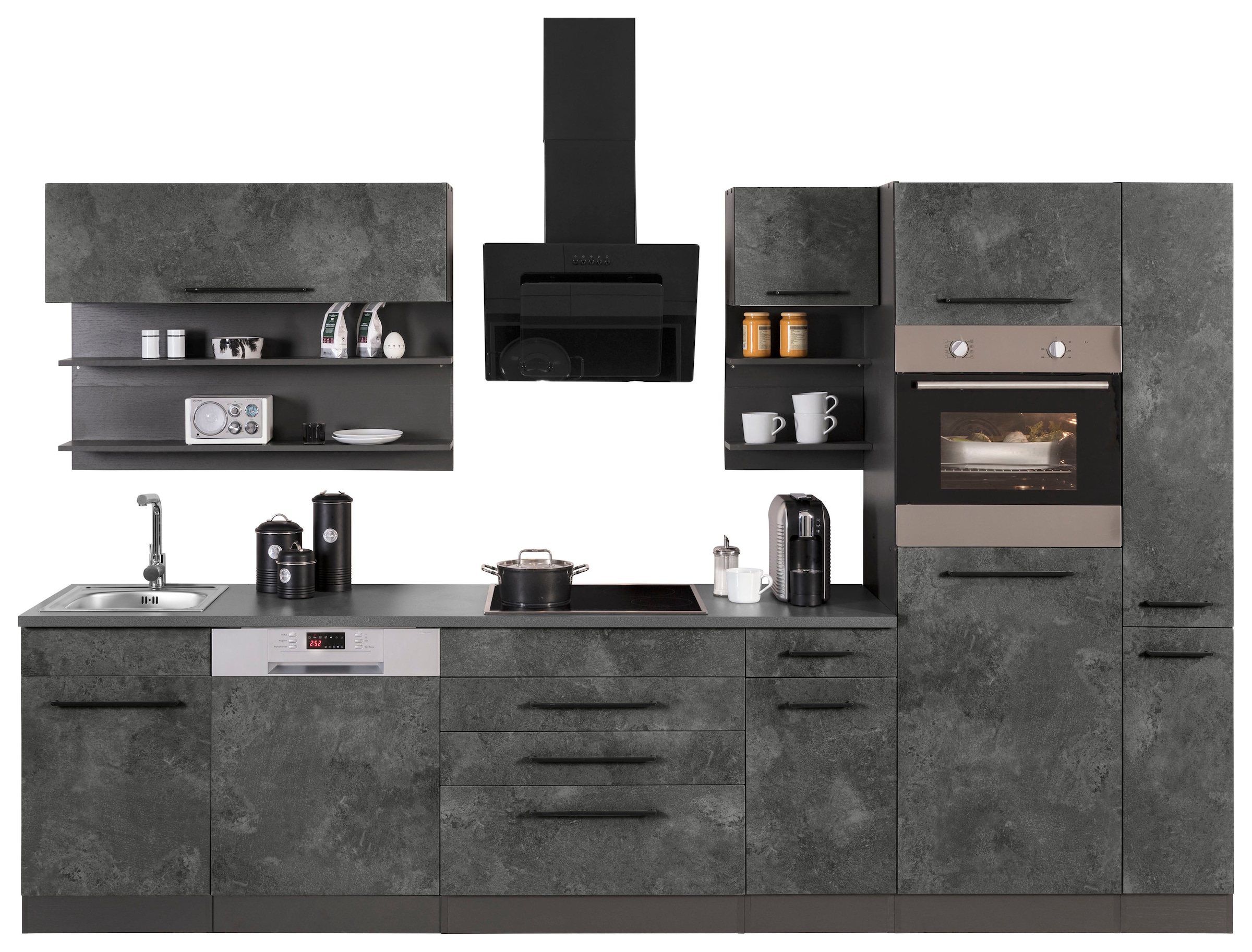 KOCHSTATION Küchenzeile "KS-Tulsa", ohne E-Geräte, Breite 320 cm, schwarze Metallgriffe, MDF Fronten