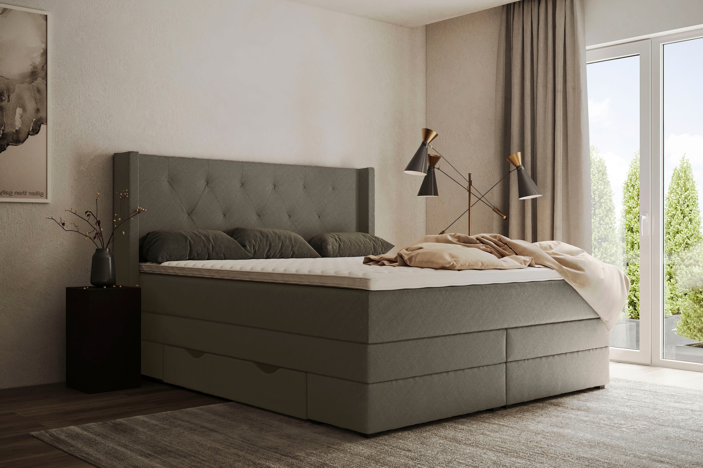 Boxspringbett HOME AFFAIRE "Elegance", grau, B:161cm L:210cm, Samtoptik (100% Polyester);Struktur (100% Polyester), Komplettbetten, Boxspringbett, mit schöner Knopfheftung, in den Härtegraden H2 & H3, inkl. Schubladen 8