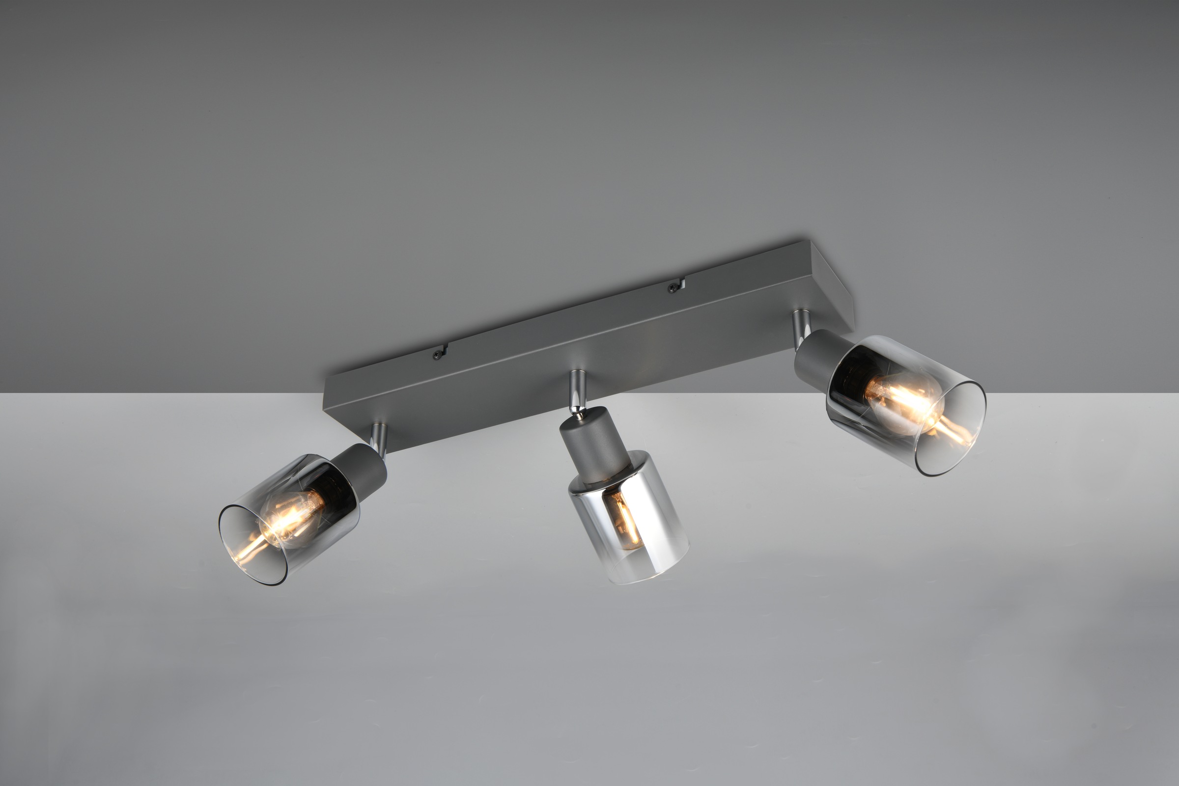 REALITY Leuchten Deckenstrahler »CADIZ, Spot 3-flammig, exkl 3xE14 max 10W, Glas anthrazit, verspiegelt«, 3 flammig, Leuchtmittel E14 | Leuchtmittel wechselbar, verstellbarer Deckenspot E14 Fassung, mit Glasschirm smoke Farbverlauf