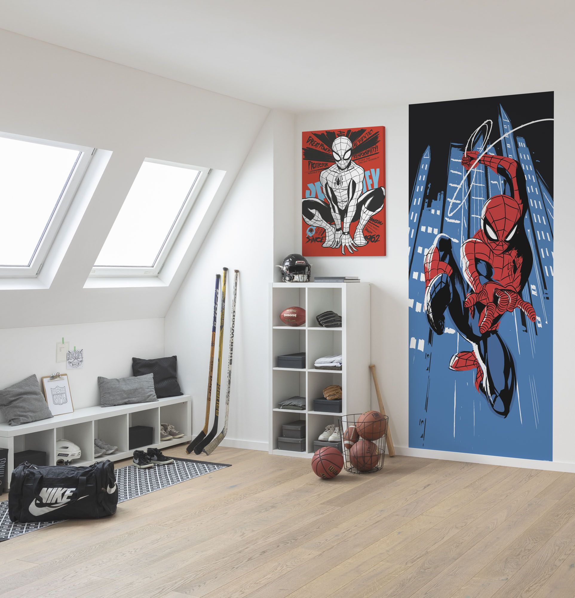 Komar Fototapete "Digitaldruck Vlies - Spider-Man Rooftop-Rockin‘ - Größe 100 x 250 cm" bedruckt glatt Kinderzimmer