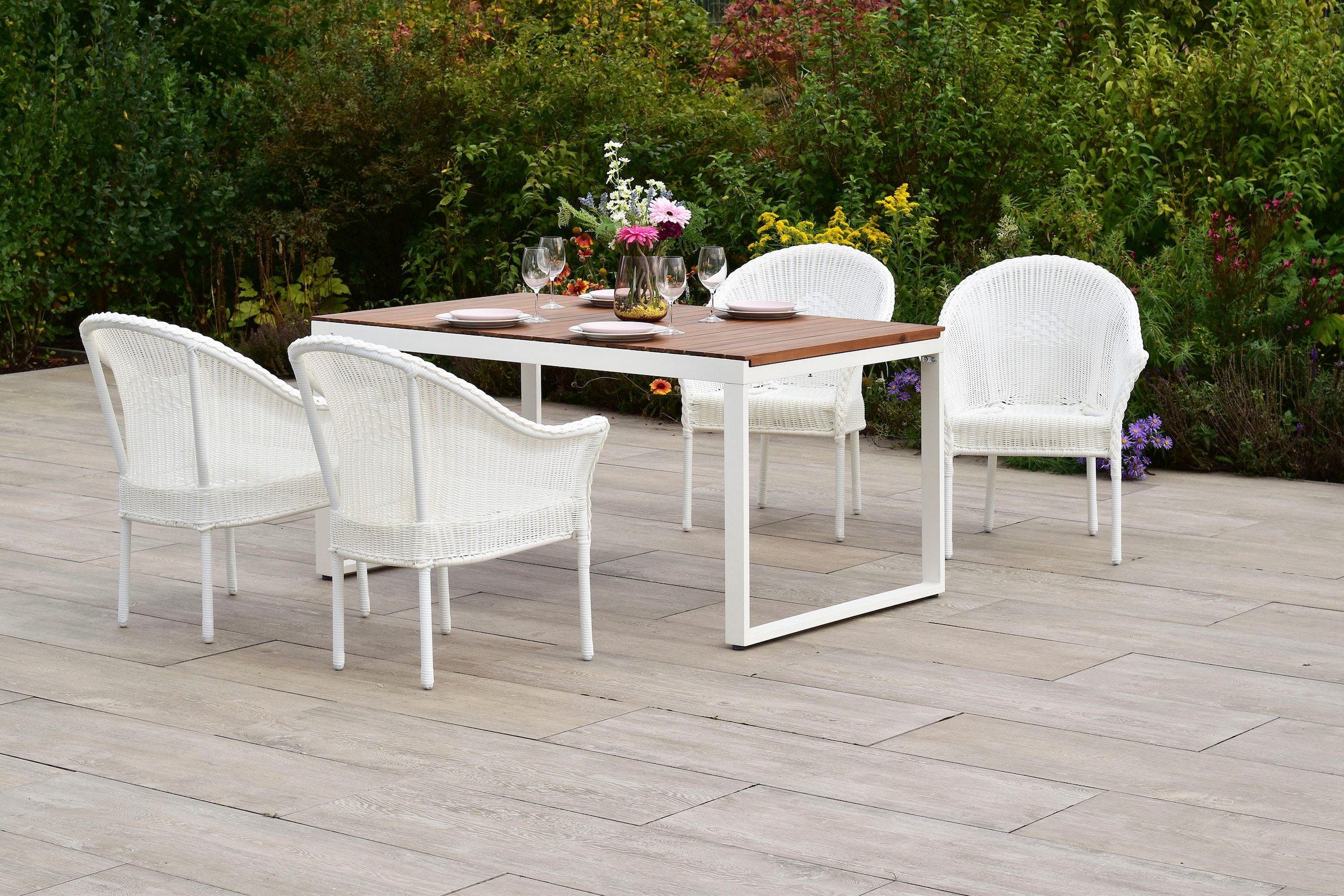 MERXX Garten-Essgruppe »Bamberg« Set, 5 tlg. inkl. 4 Stapelsessel, 1 Ausziehtisch