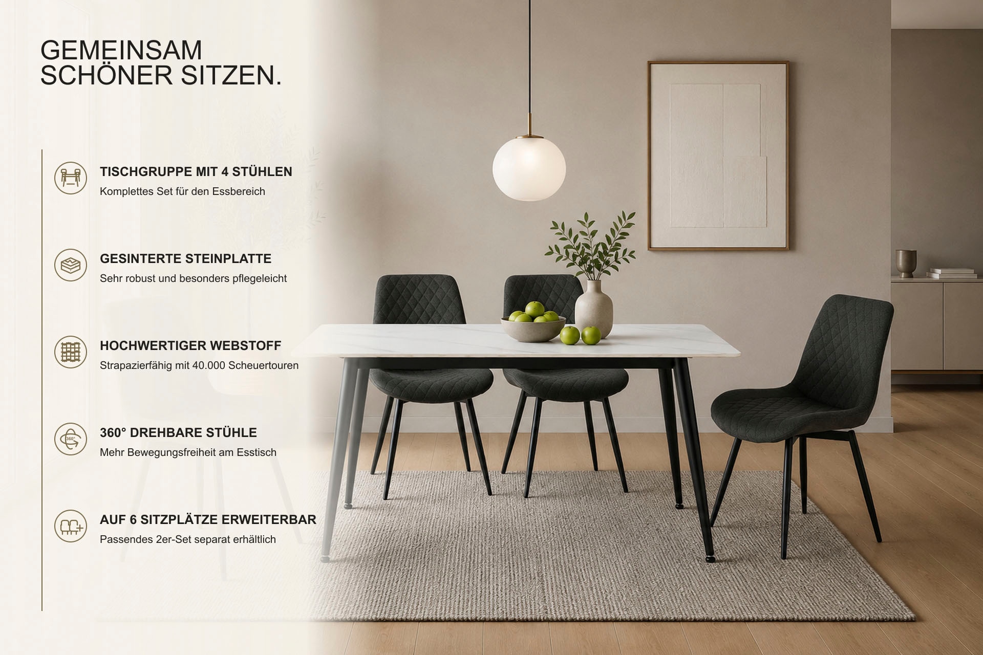 OTTO home Essgruppe »Juniper« Set, 5 tlg. Tisch 140x80cm in Sinterstein-Keramikoptik mit 4 Stühlen, 360° drehbar