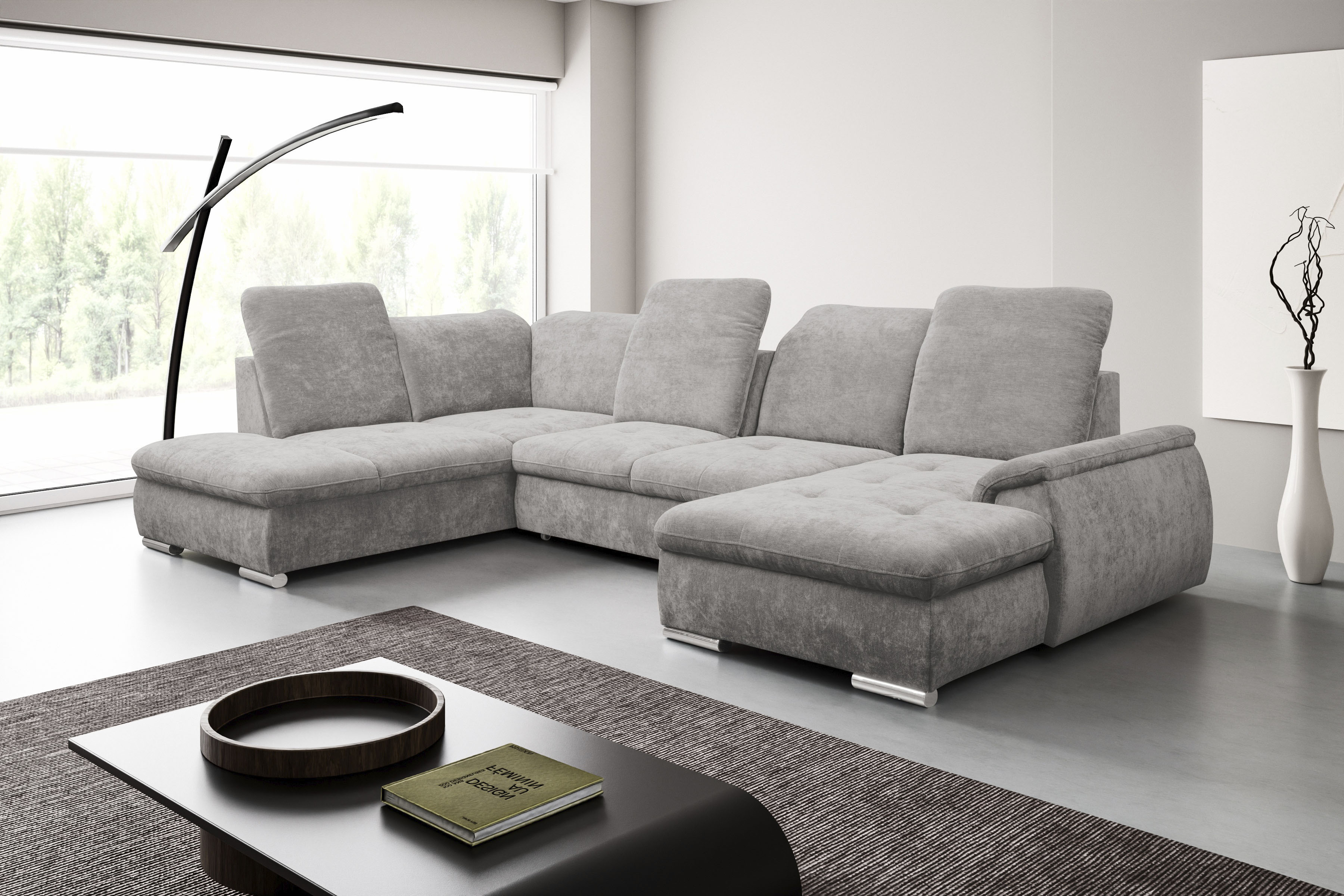 WERK2 Wohnlandschaft "Pula 356 x 237 cm modern und bequem" U-Form, XXL, Schlaffunktion, Bettkasten, verstellbare Kopfteile