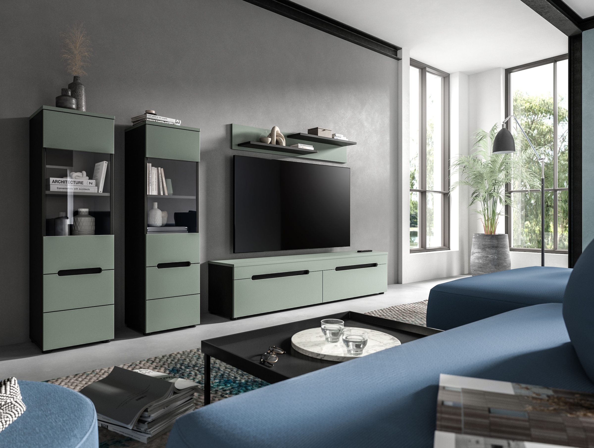 INOSIGN Wohnwand »REHAT, TOPSELLER!, 4-teilig, wahlweise stehend und hängend montierbar«, (3 St., Set bestehend aus: 2x Vitrine, Lowboard und Wandboard), Kombination, Anbauwand, Set, Wohn-Set, Wohnzimmer-Set, Schrankwand