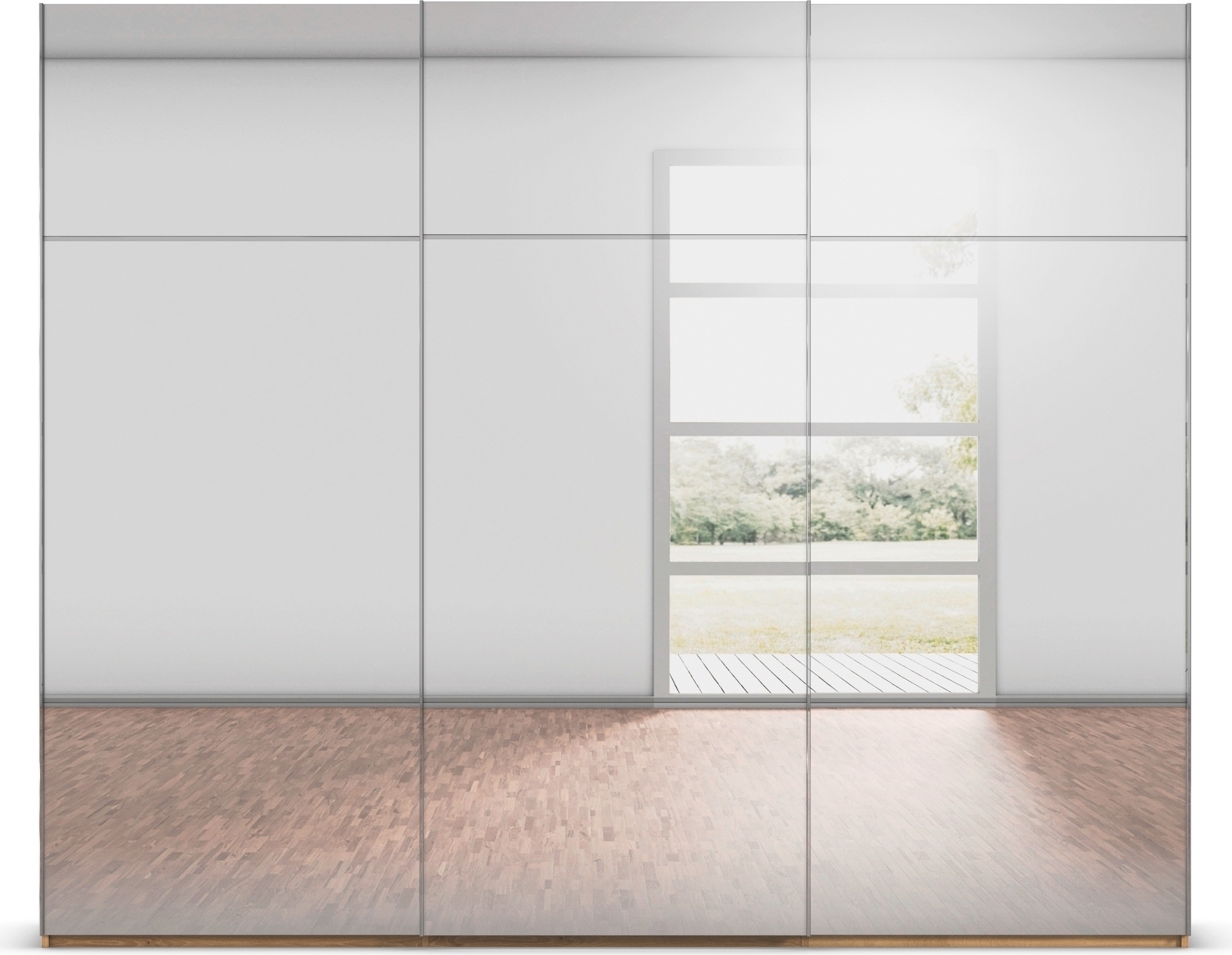 rauch Schwebetürenschrank »Kleiderschrank Schrank Garderobe Schlafzimmerschrank SCALE-TRIO«, edle dreigeteilte Front mit 2 Zierleisten Spiegelfront MADE IN GERMANY