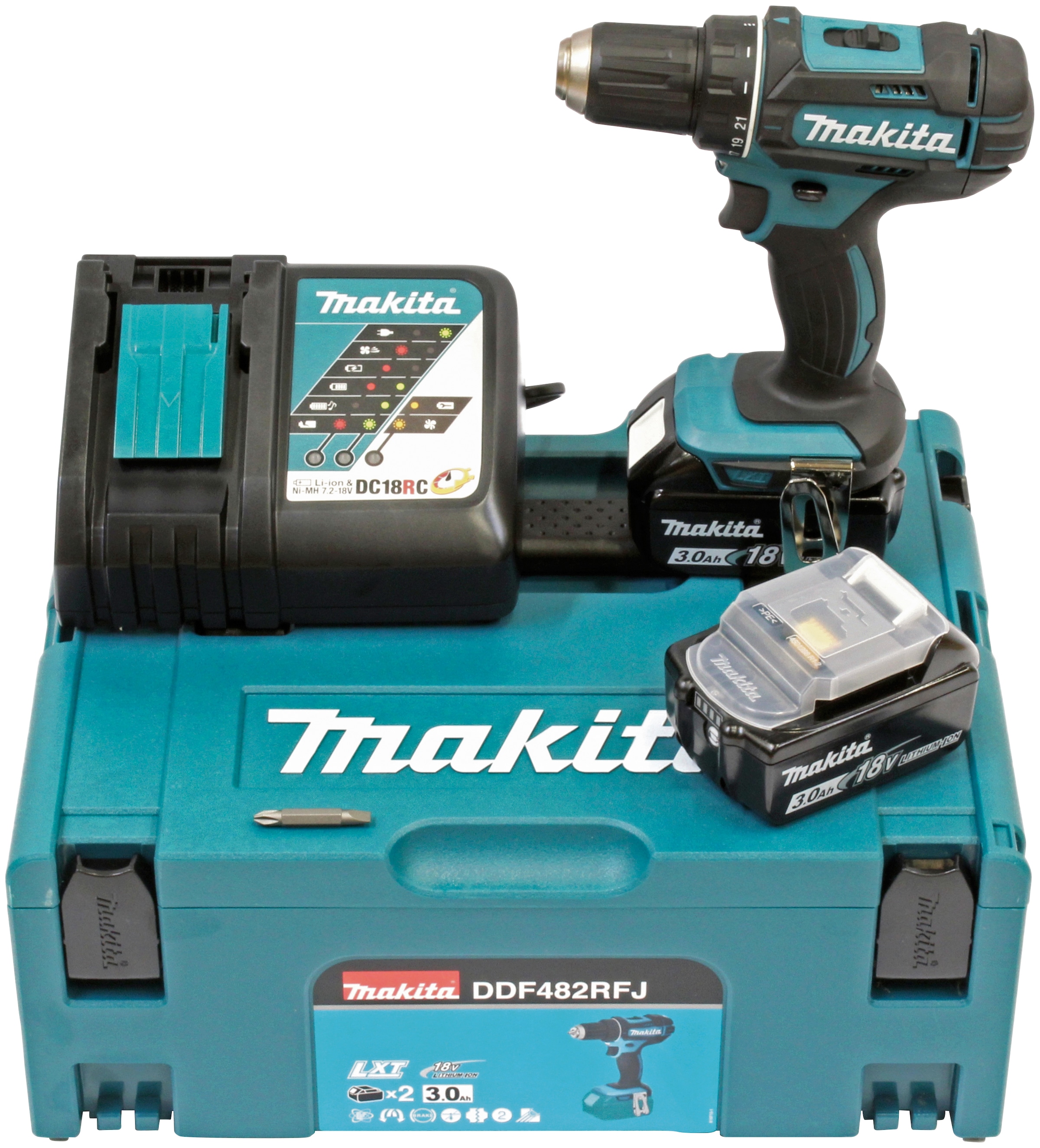 Makita Akku-Bohrschrauber "DDF482RFJ", inkl. 2 Akkus 18V/3Ah, Ladegerät und Koffer