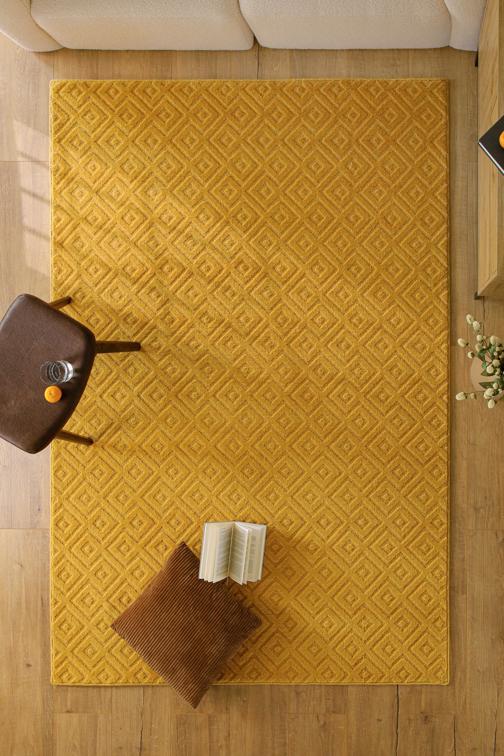Teppich WECON HOME "Castello TWO", gelb, B:160cm H:7mm L:230cm, Schurwolle, Teppiche, Teppich, Schurwolle, Kurzflor mit Hoch-Tief-Effekt, Wohnzimmer, Rautenmuster