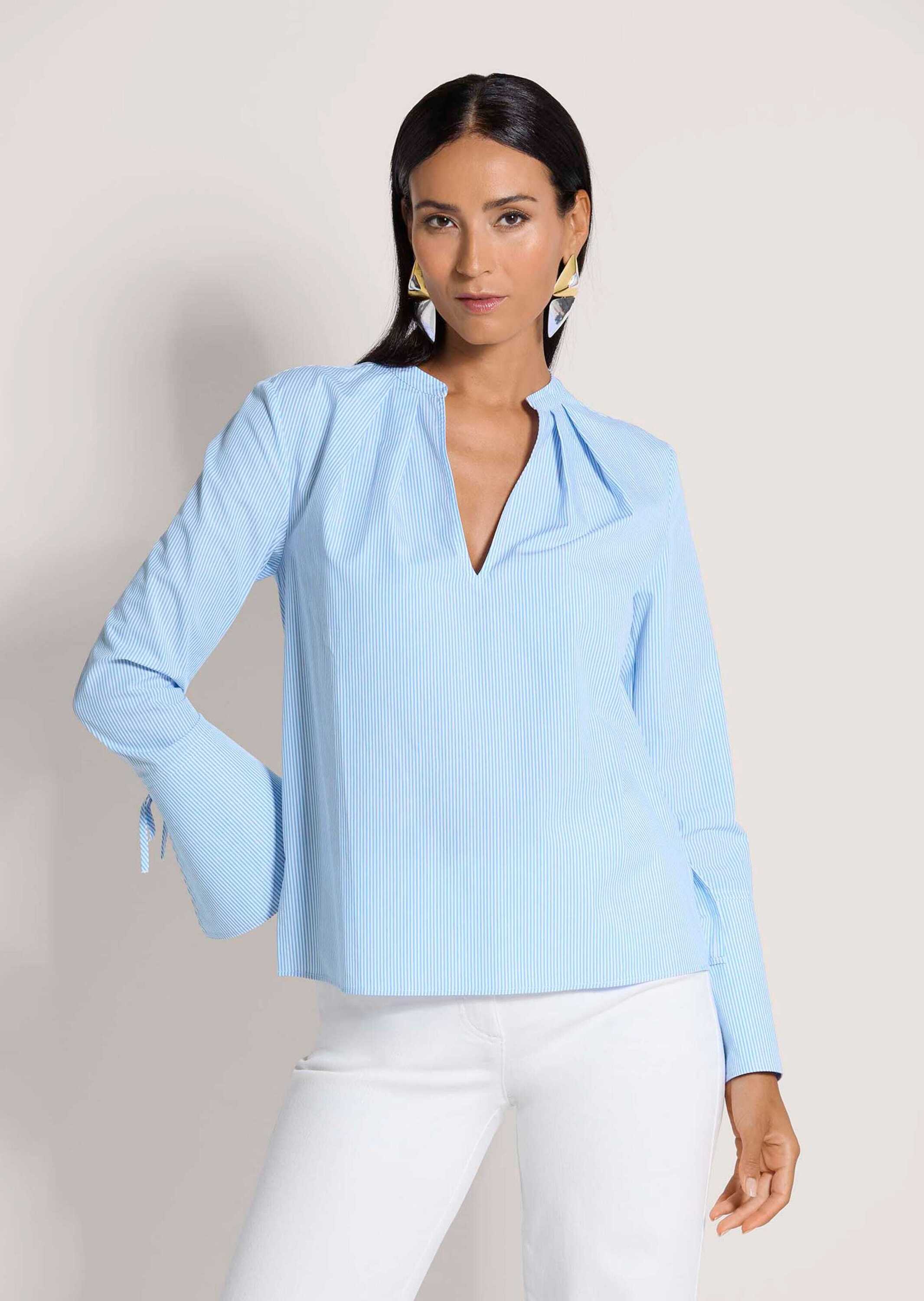 Thumbnail - MADELEINE Langarmbluse "Streifenbluse Blusenshirt mit Streifendesign" Bluse mit Rundhalsblende mit V-Ausschnitt