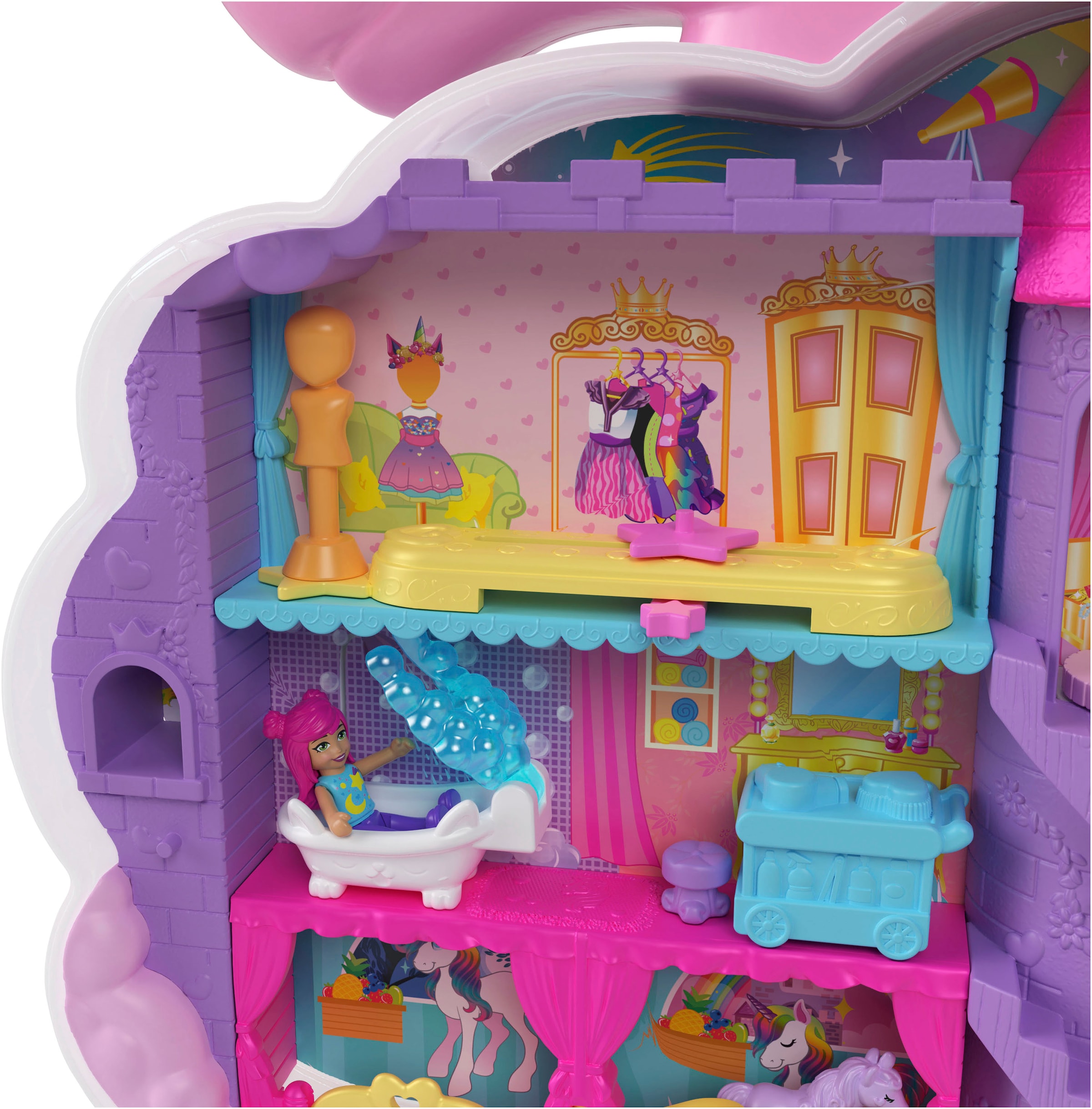 Polly Pocket Spielwelt »Regenbogen-Einhorn-Salon«, (25 tlg.), inklusive 2 Puppen