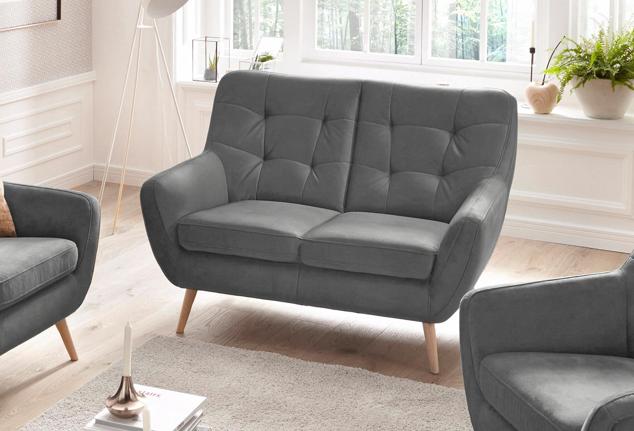 exxpo - sofa fashion 2-Sitzer »Scandi, bequem, aufwendige Rückenpolsterung für mehr Sitzkomfort«, akuelle Farben in hochwertige Bezugsqualitäten, Holzfuß