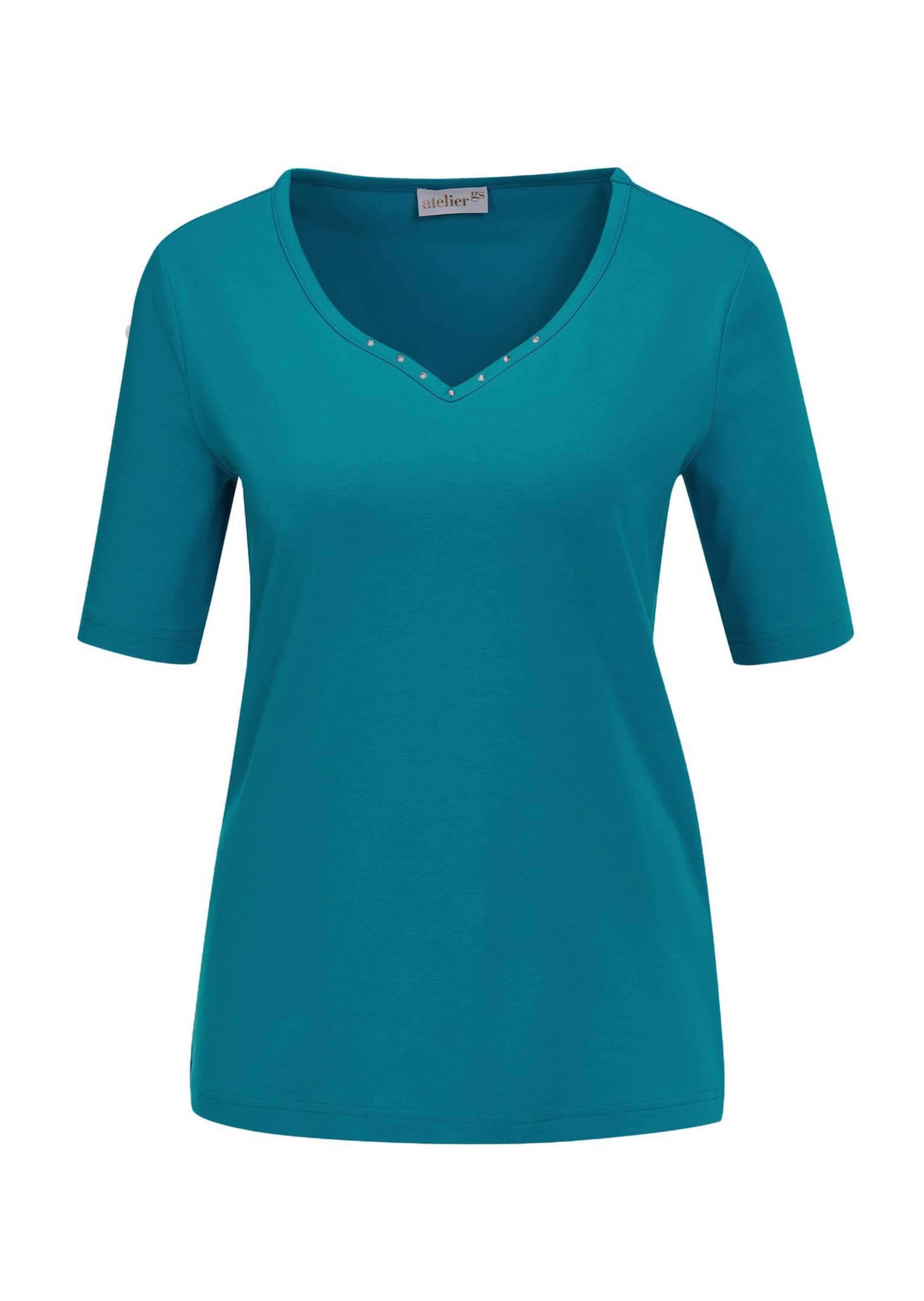 Langarm-Poloshirt GOLDNER "Halbarm Basic-Shirt aus Baumwolle", Damen, Gr. 44, blau (petrol), Obermaterial: 95% Baumwolle CO. 5% Elasthan EL., Tubular, Shirts, Ausschnitt in Herzform mit Schmucksteinen verziert